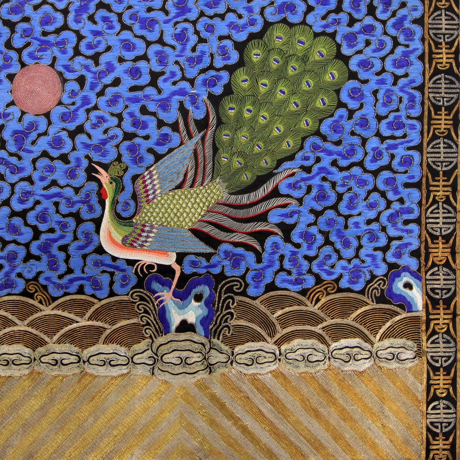 Vintage Chinese Textile Art, Antique Peacock Mandarin Square | Traditional Qing Dynasty Silk Embroidery Design | Vintage Fine Art Print