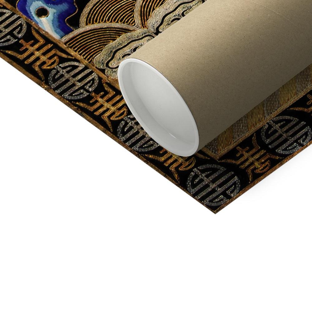 Vintage Chinese Textile Art, Antique Peacock Mandarin Square | Traditional Qing Dynasty Silk Embroidery Design | Vintage Fine Art Print