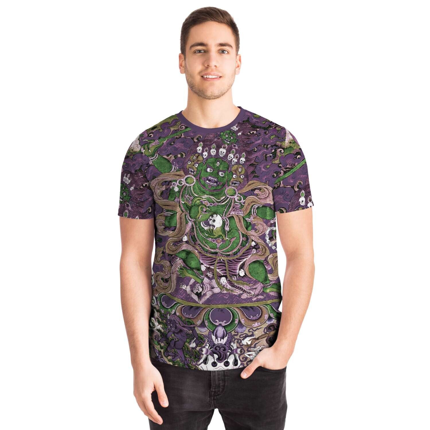 Violet and Emerald Mahakala Remix Tibetan Tantra Thangka Vajrayana Buddhist Wrathful Deity Antique Vintage Art T-Shirt Tee