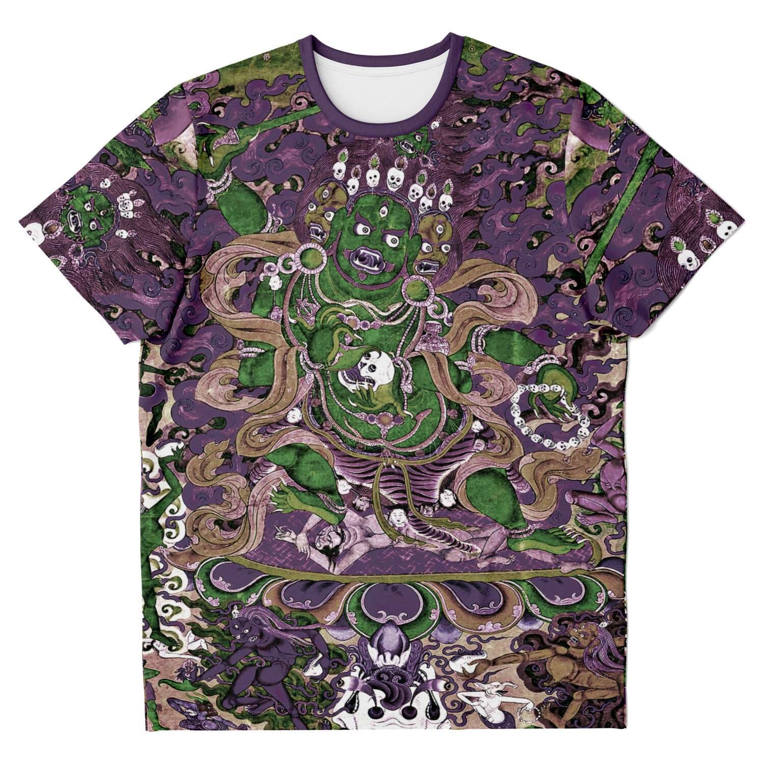 Violet and Emerald Mahakala Remix Tibetan Tantra Thangka Vajrayana Buddhist Wrathful Deity Antique Vintage Art T-Shirt Tee