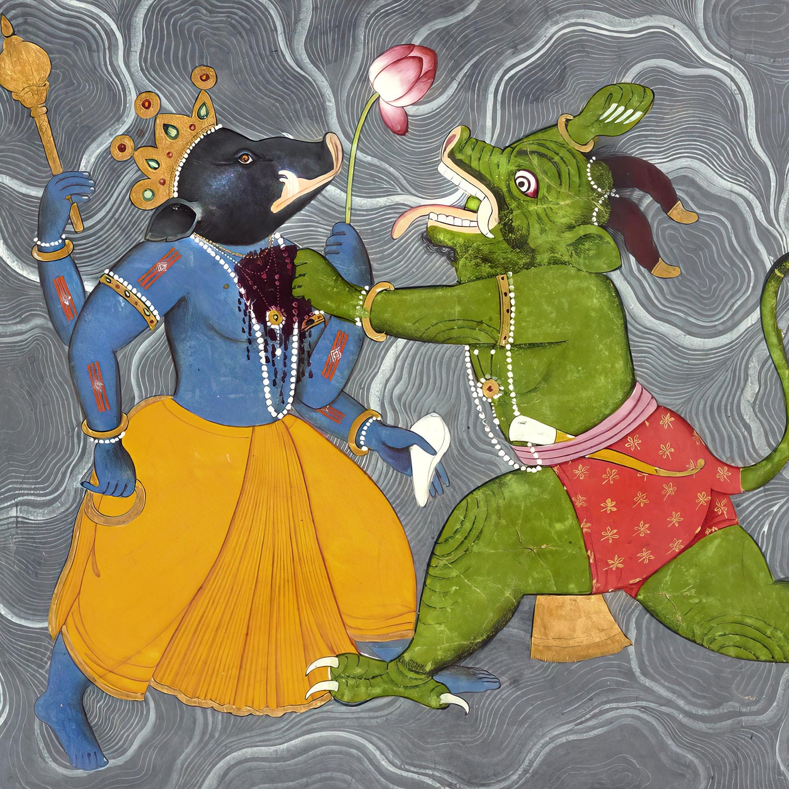 Vishnu as Varaha Fighting Hiranyaksha | Devotional Bhakti Indian Hindu Mythology | 19th Century Asian Folklore Vintage Fine Art Print