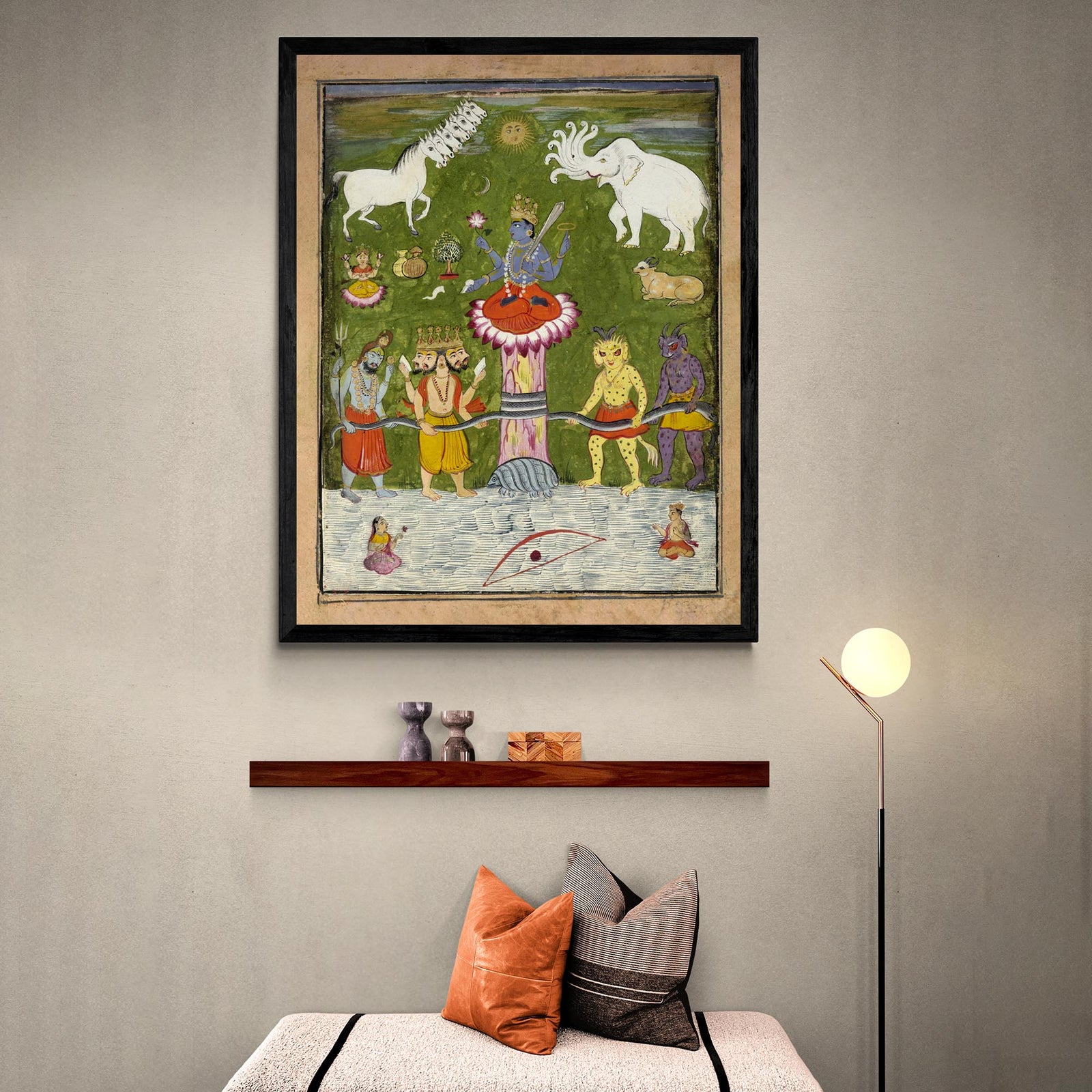 Vishnu Churning of the Ocean of Immortality | Devas and Asuras, Mount Mandara | Divine Hindu Mythology | Superb Framed Art Print