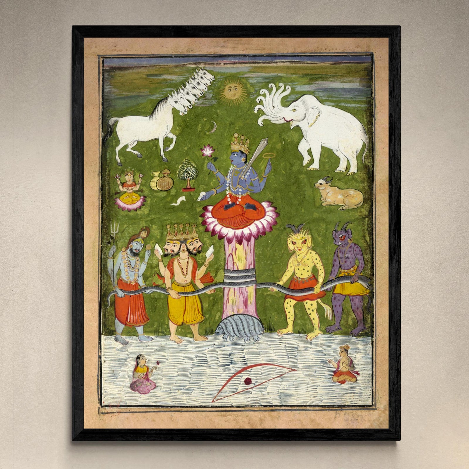 Vishnu Churning of the Ocean of Immortality | Devas and Asuras, Mount Mandara | Divine Hindu Mythology | Superb Framed Art Print