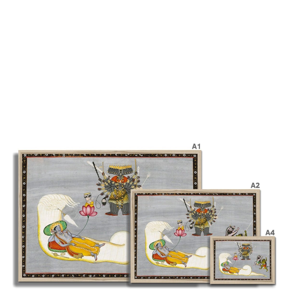 Vishnu with Demons and Naga, Antique Indian Hindu Folk Art, 19th Century Traditional Vedic Framed Art Print