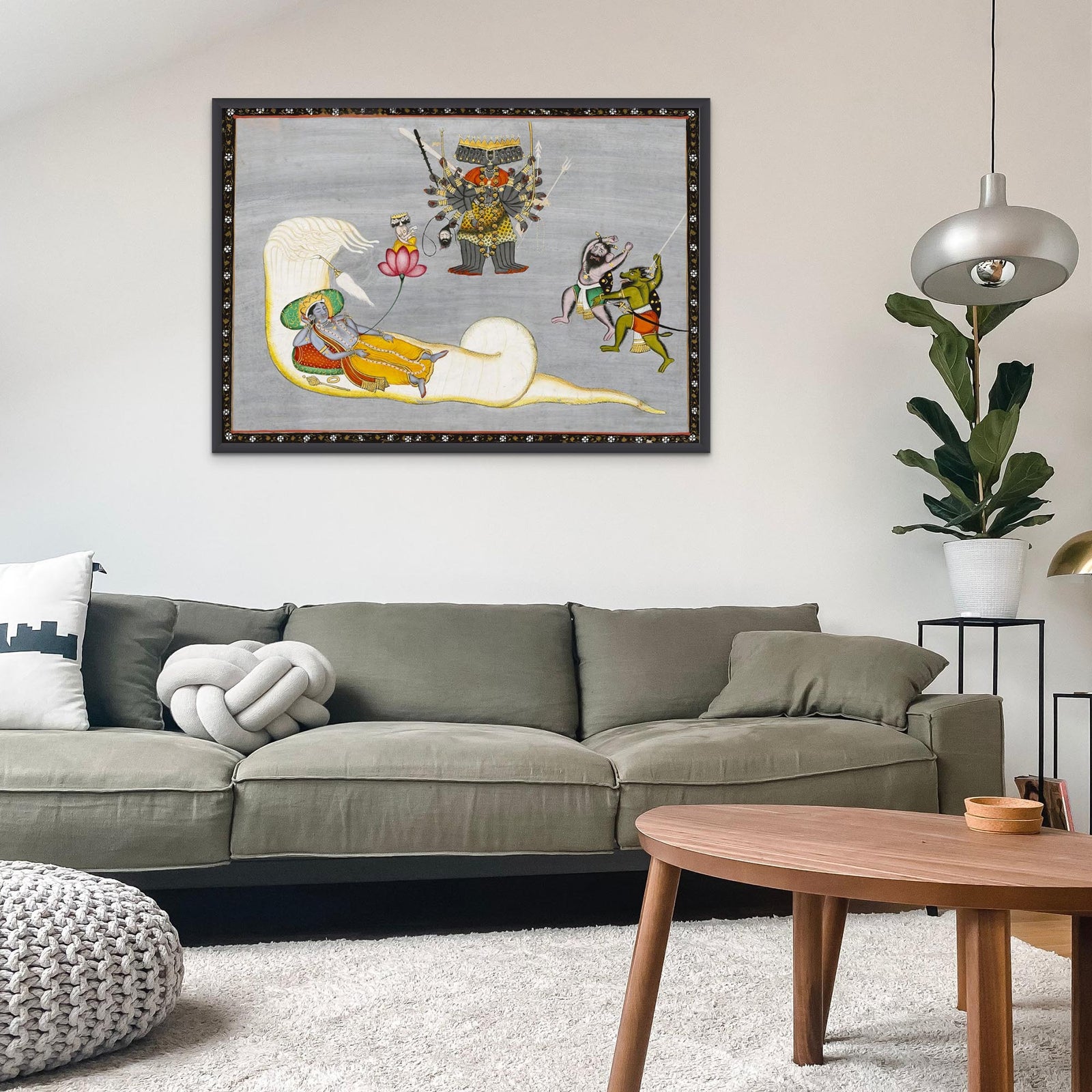 Vishnu with Demons and Naga, Antique Indian Hindu Folk Art, 19th Century Traditional Vedic Framed Art Print