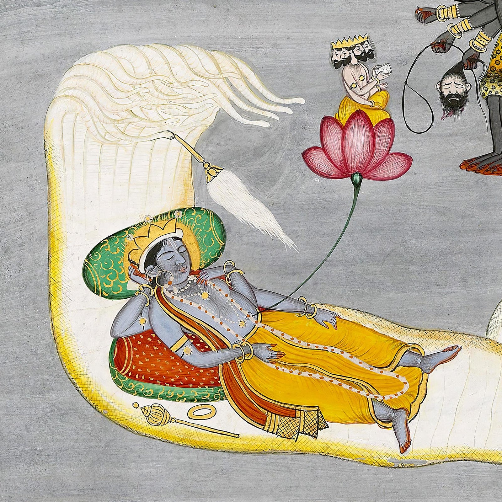 Vishnu with Demons and Naga, Antique Indian Hindu Folk Art, 19th Century Traditional Vedic Framed Art Print