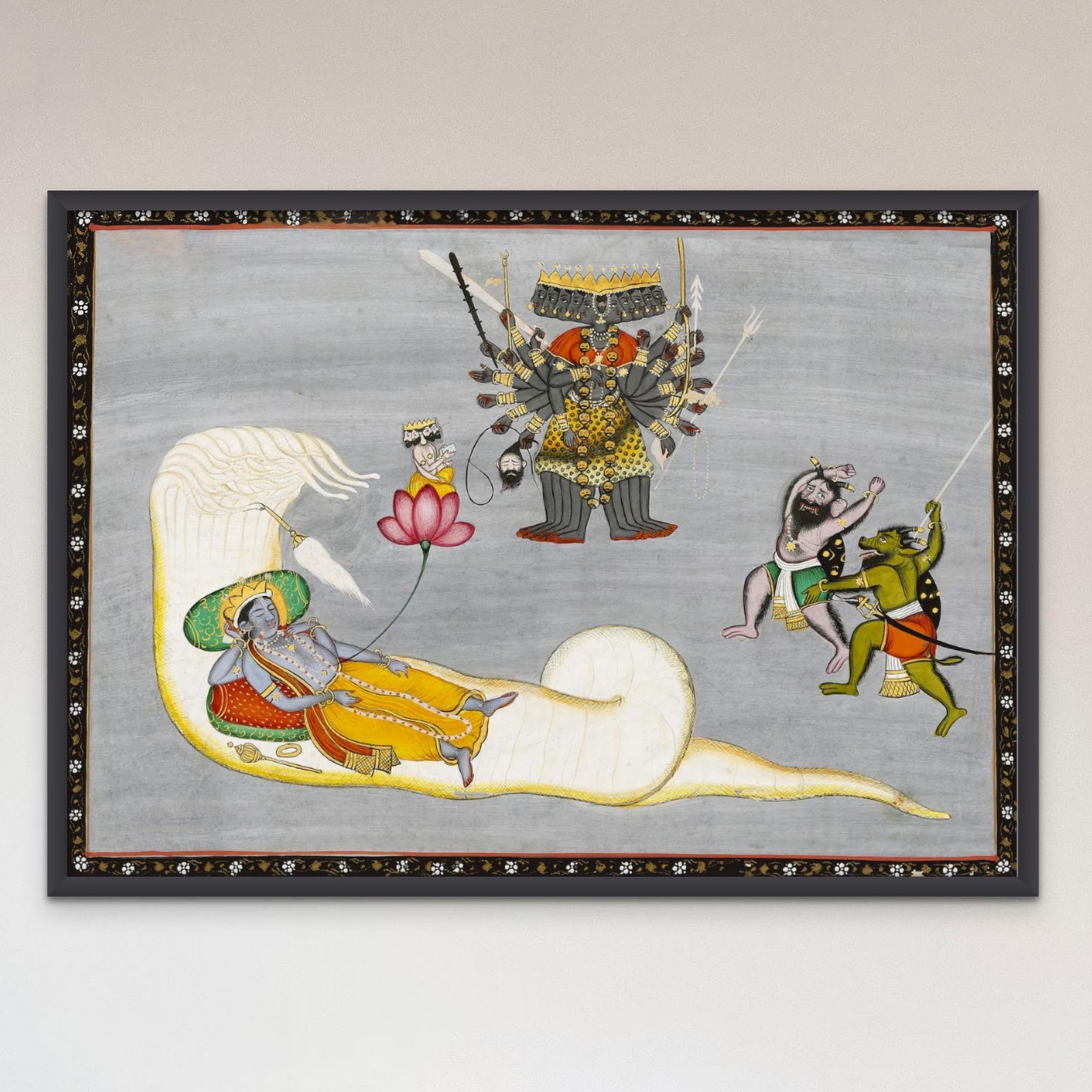 Vishnu with Demons and Naga, Antique Indian Hindu Folk Art, 19th Century Traditional Vedic Framed Art Print