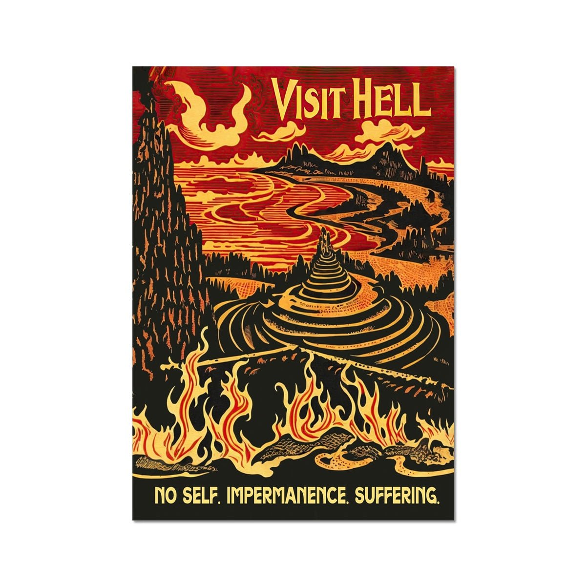 "Visit Hell" Vintage Travel Poster | No Self, Impermanence, Suffering | Buddhist Cosmology, Samsara, Karma Fine Art Print