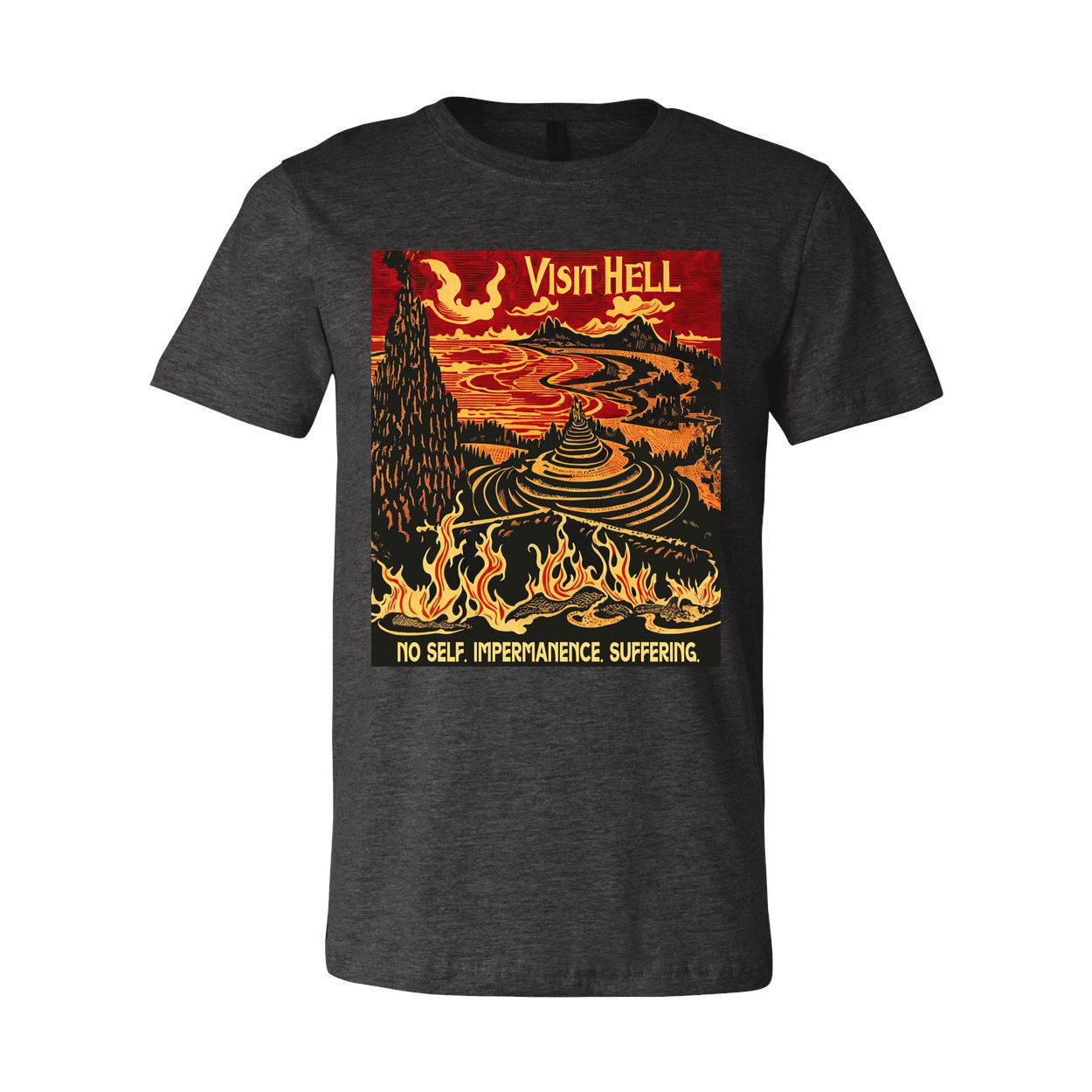 Visit Hell Vintage Travel Poster Shirt | No Self, Impermanence, Suffering | Buddhist Cosmology | Samsara Graphic Art T-Shirt