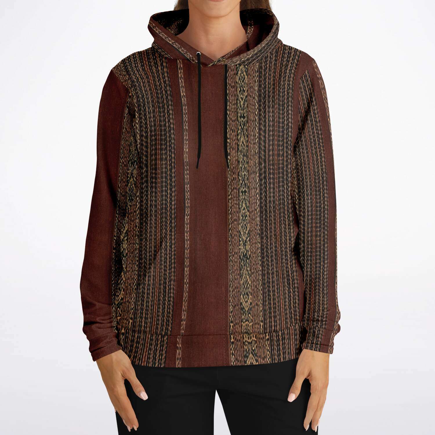 Woven Ikat-Inspired Ethnic Copper Colored Boho Hippy Batik Thai Laos Indian Indonesia Textile Tribal Pullover Hoodie