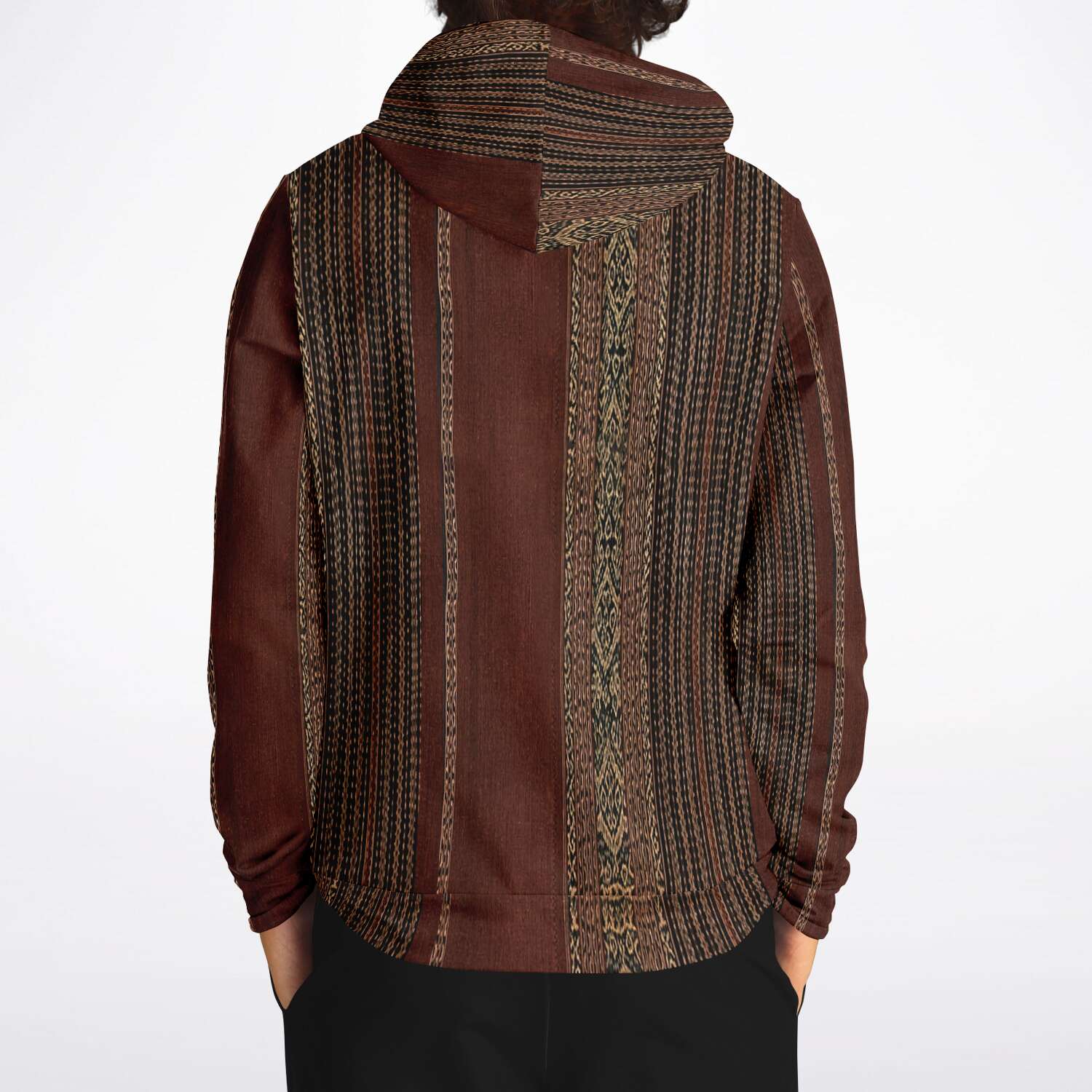 Woven Ikat-Inspired Ethnic Copper Colored Boho Hippy Batik Thai Laos Indian Indonesia Textile Tribal Pullover Hoodie