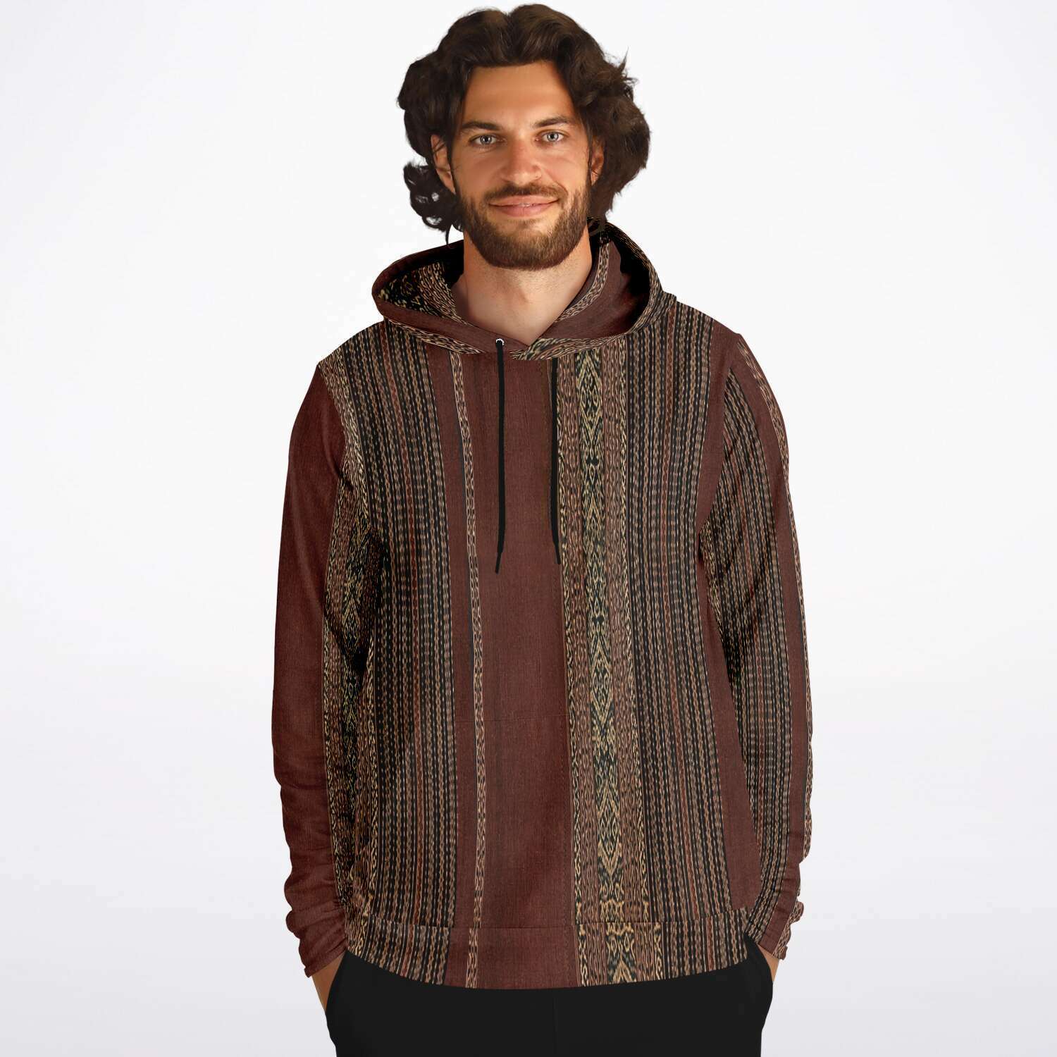Woven Ikat-Inspired Ethnic Copper Colored Boho Hippy Batik Thai Laos Indian Indonesia Textile Tribal Pullover Hoodie