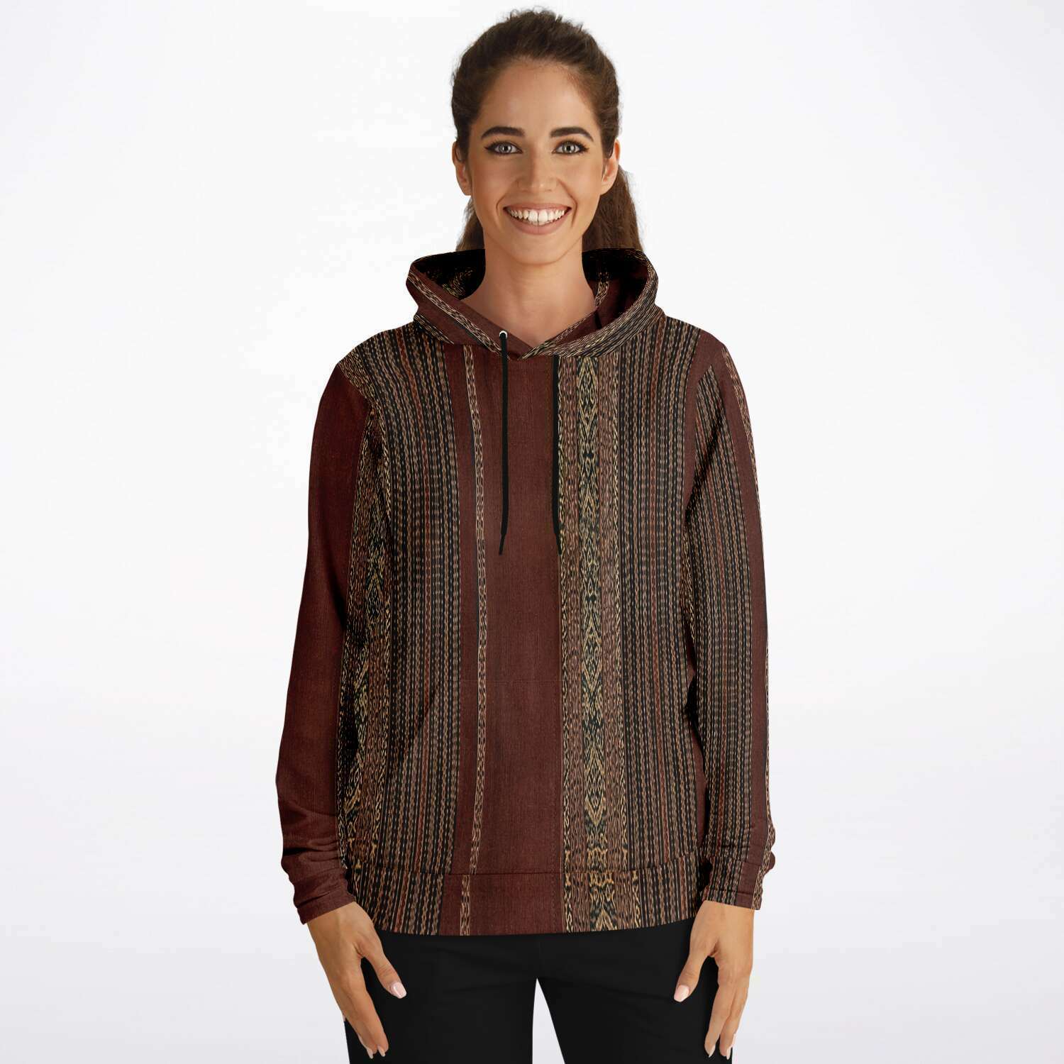 Woven Ikat-Inspired Ethnic Copper Colored Boho Hippy Batik Thai Laos Indian Indonesia Textile Tribal Pullover Hoodie