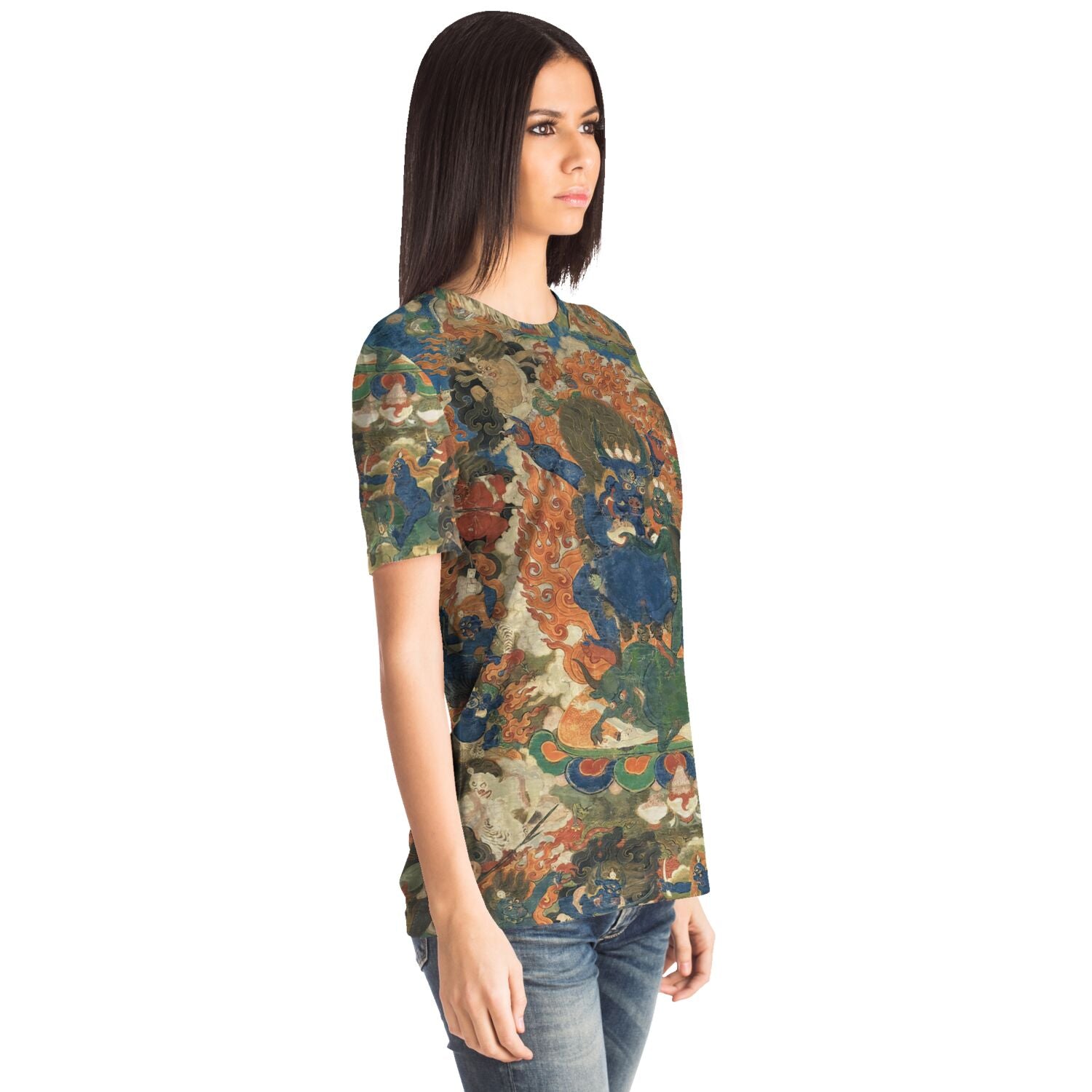 Yama Dharmaraja Wrathful Deity | Antique-Aged Tibetan Spiritual Thangka, Alidhasana Meditation Deity Graphic Art T-Shirt