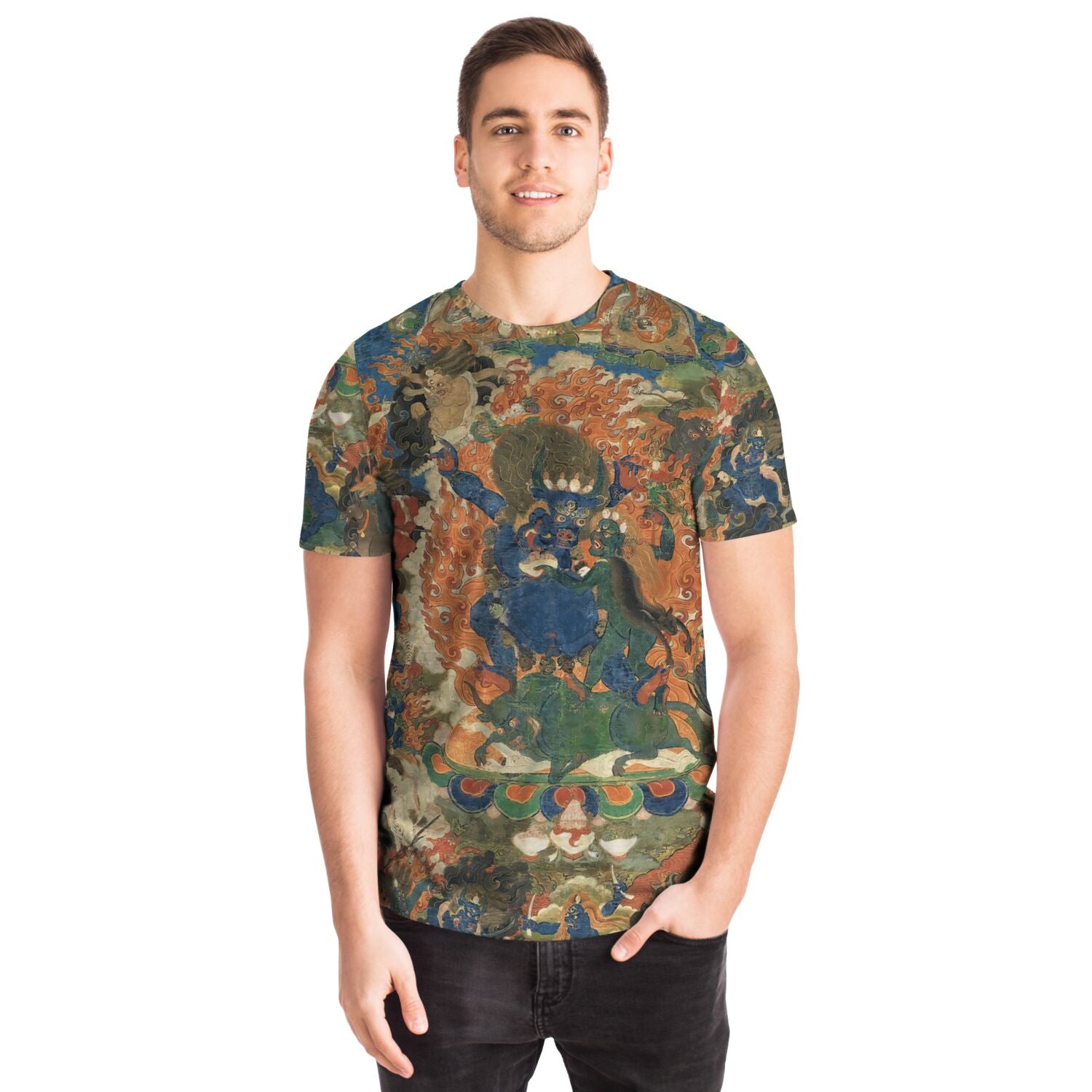 Yama Dharmaraja Wrathful Deity | Antique-Aged Tibetan Spiritual Thangka, Alidhasana Meditation Deity Graphic Art T-Shirt