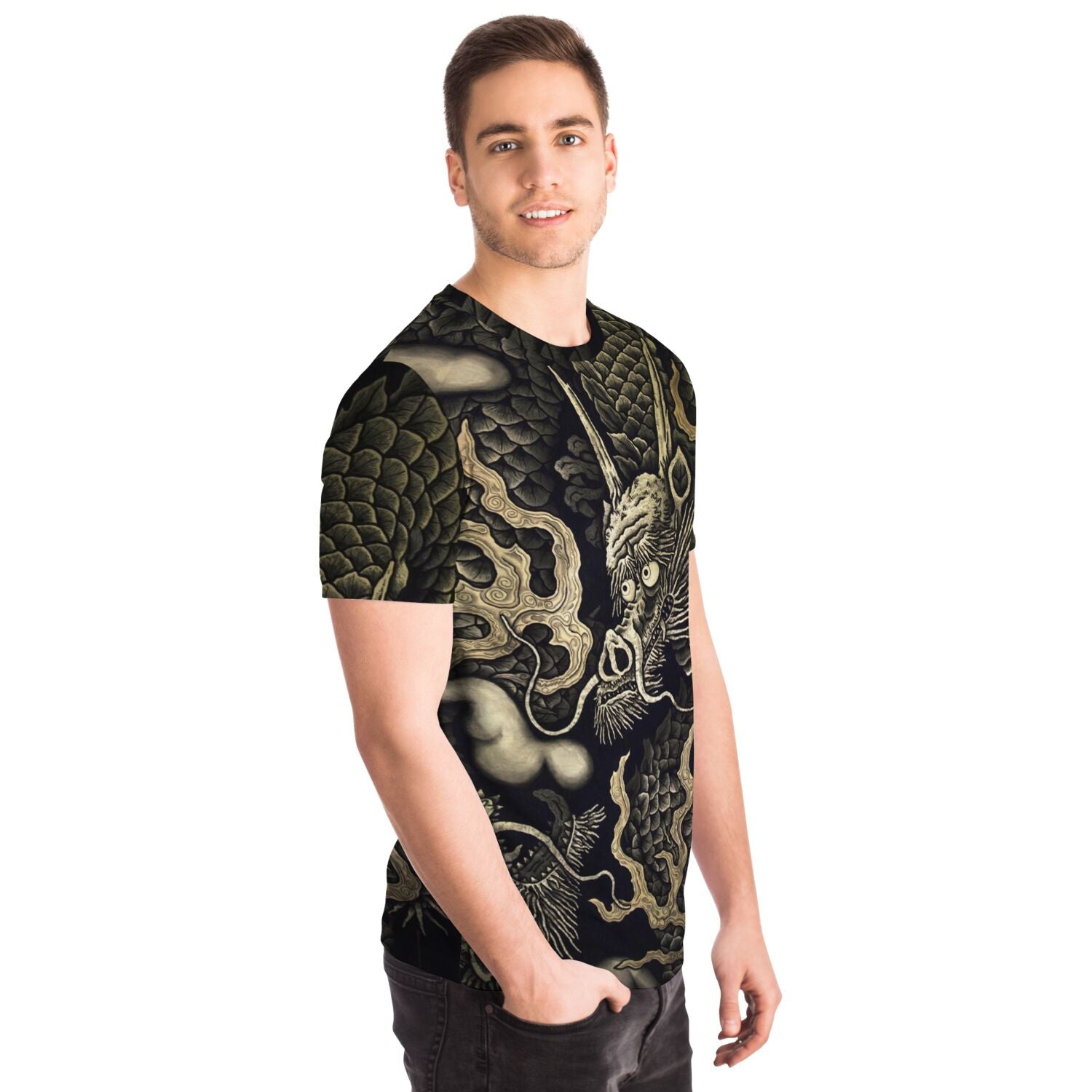 Zen Gold Dragons: Kennin-ji 1202 AD Temple Art | Kyoto Japan Zazen Zendo | Serpent Snake Vintage All-Over-Print T-shirt