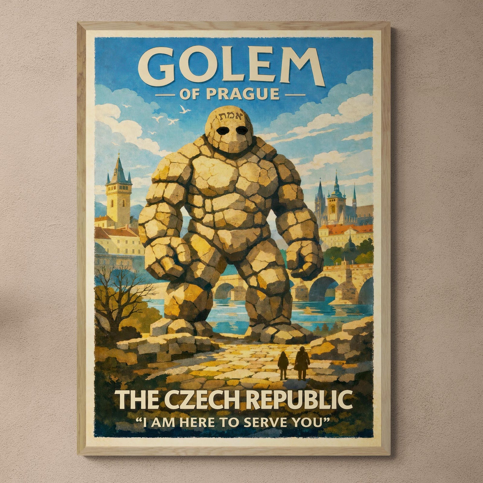 Golem of Prague Travel Poster | Jewish Mysticism Folklore | Vintage Kabbalah Monster, Surreal Fine Art Print