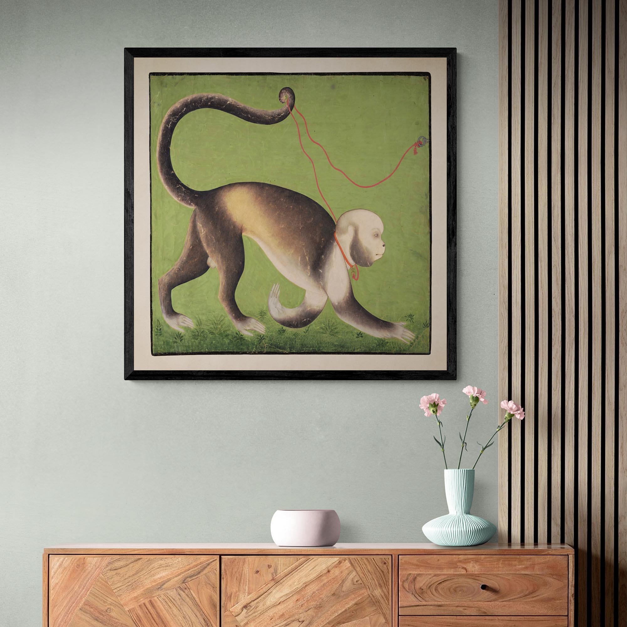 A Monumental Portrait of a Monkey, Rajasthan, Antique India Ape Surreal Asian Green Woodblock Fine Art Print