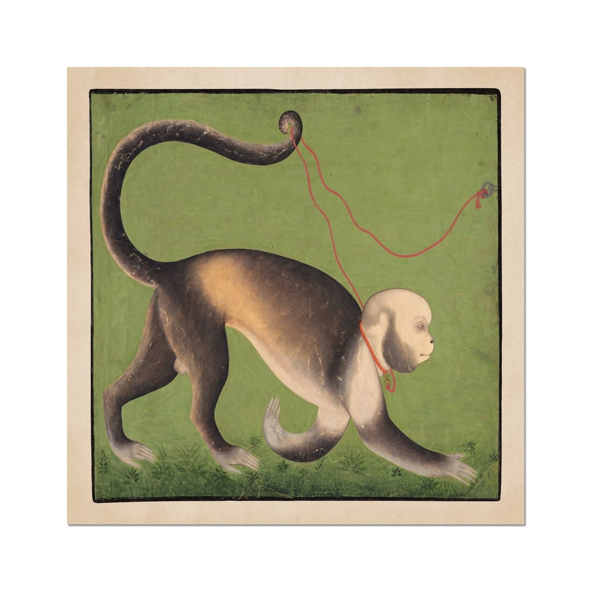 A Monumental Portrait of a Monkey, Rajasthan, Antique India Ape Surreal Asian Green Woodblock Fine Art Print