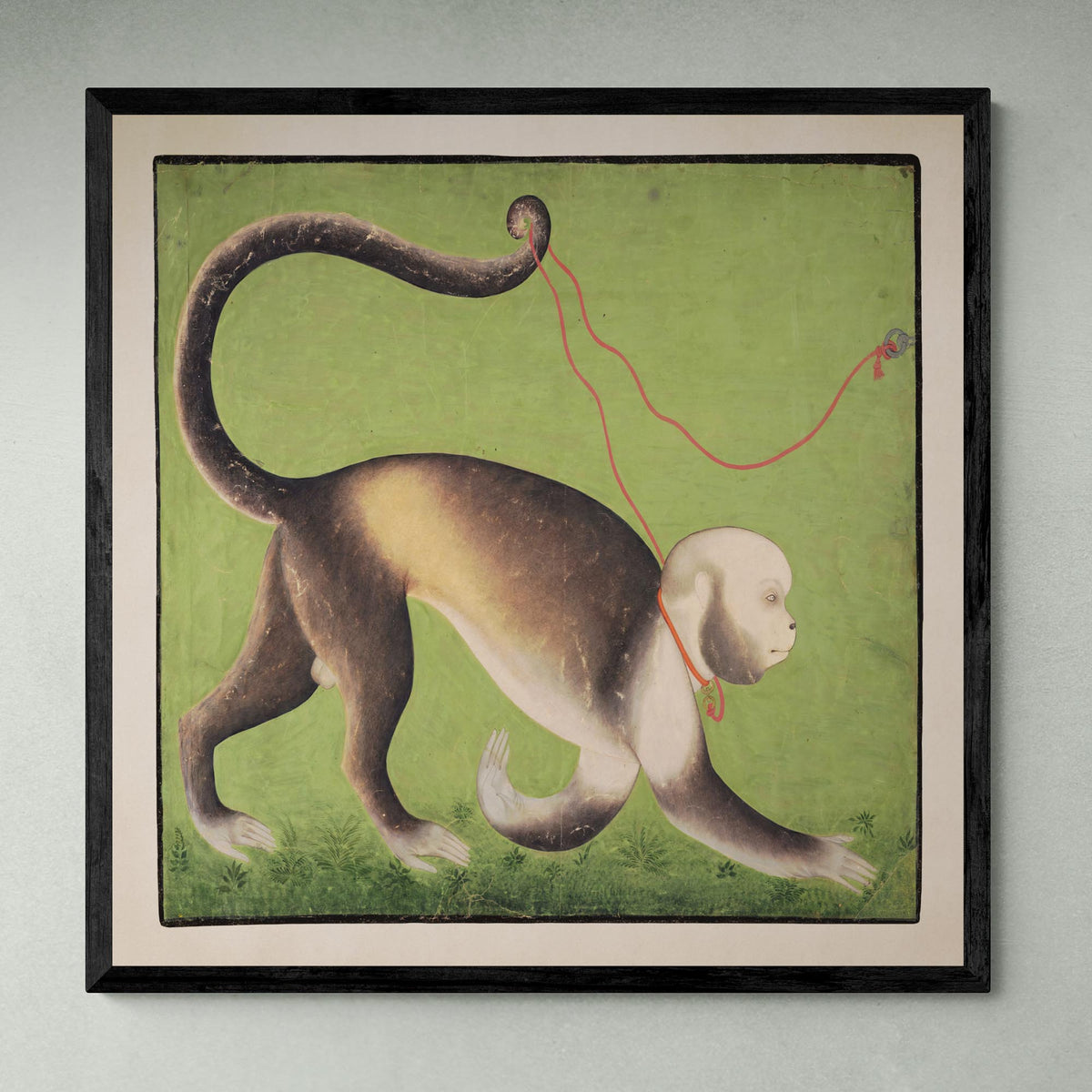 giclee 6&quot;x6&quot; A Monumental Portrait of a Monkey, Rajasthan, Antique India Ape Surreal Asian Green Woodblock Fine Art Print