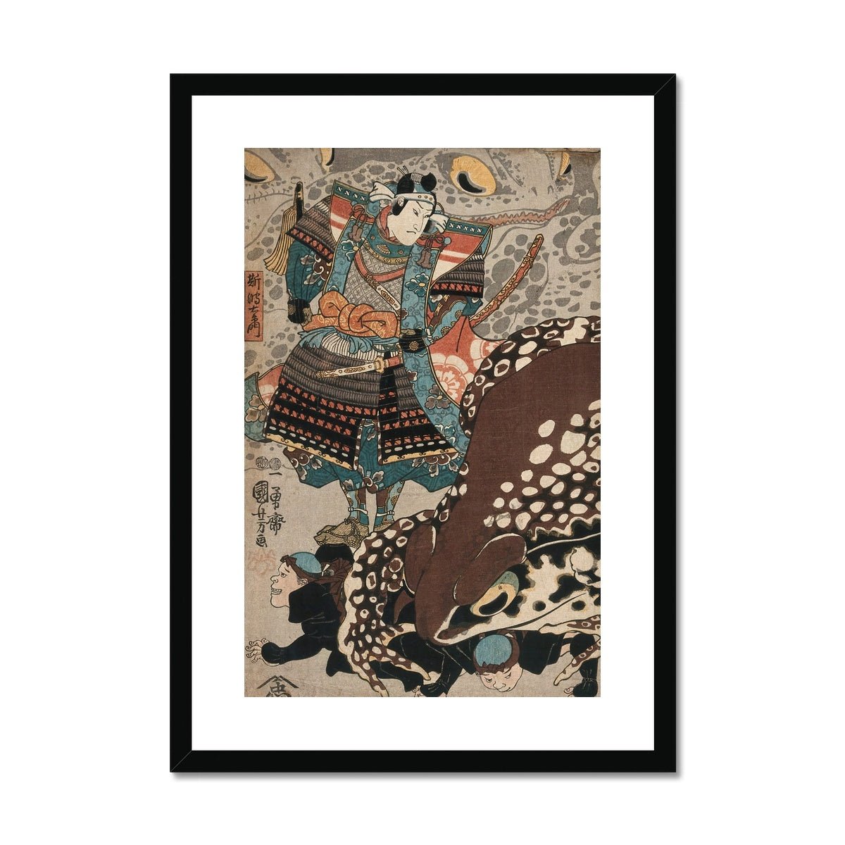 A_samurai_looks_on_as_a_giant_frog_runs_over_the_menials. Framed & Mounted Print