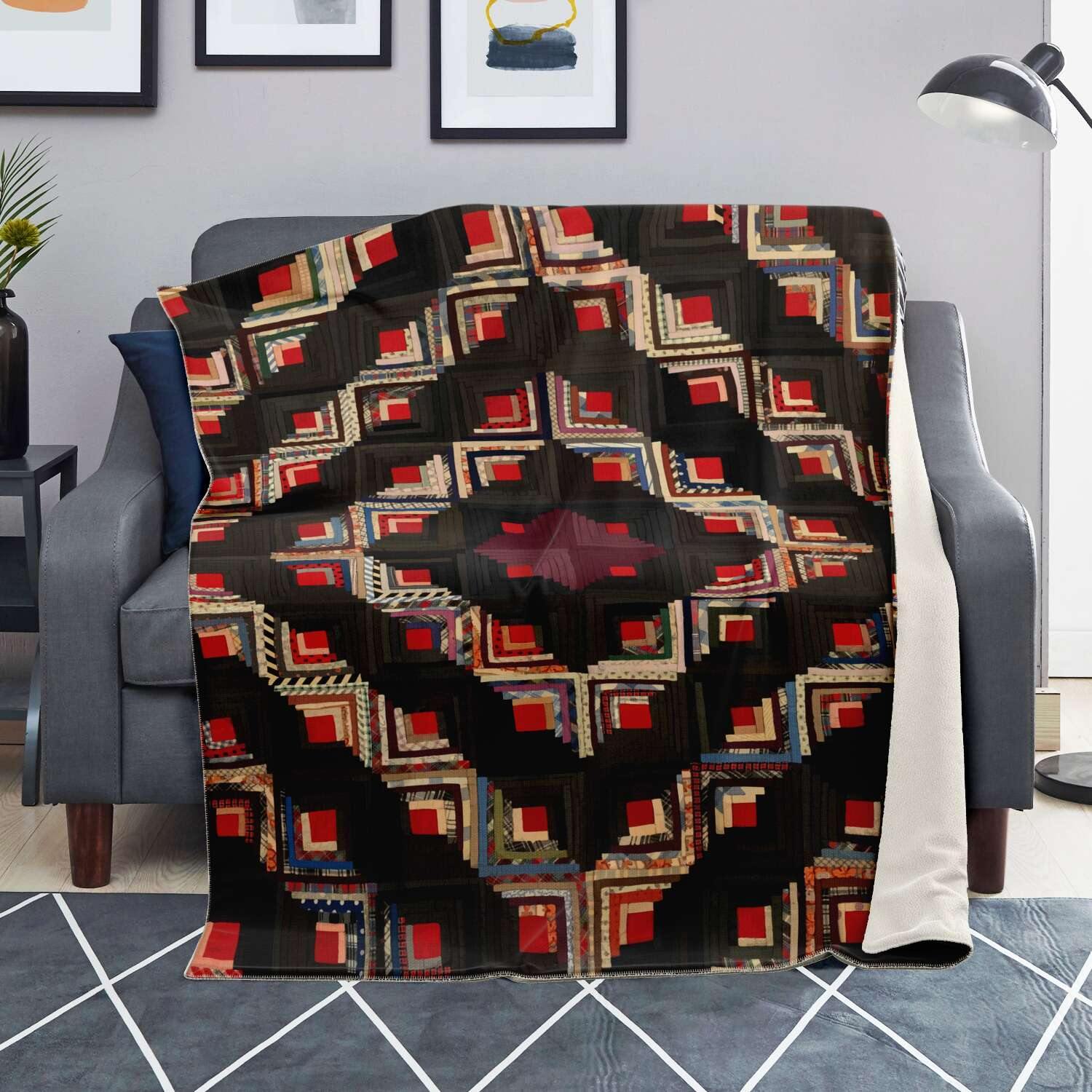 Sherpa Fleece Blanket American Log-Cabin Quilt Design (19TH CENTURY) | Microfleece Blanket