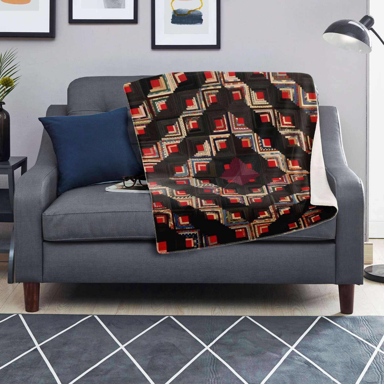 Sherpa Fleece Blanket American Log-Cabin Quilt Design (19TH CENTURY) | Microfleece Blanket