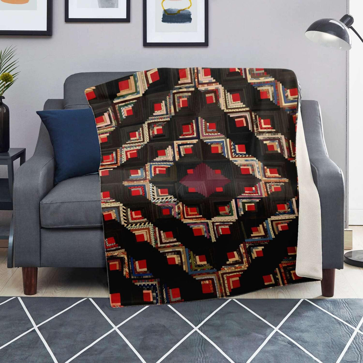 Sherpa Fleece Blanket American Log-Cabin Quilt Design (19TH CENTURY) | Microfleece Blanket