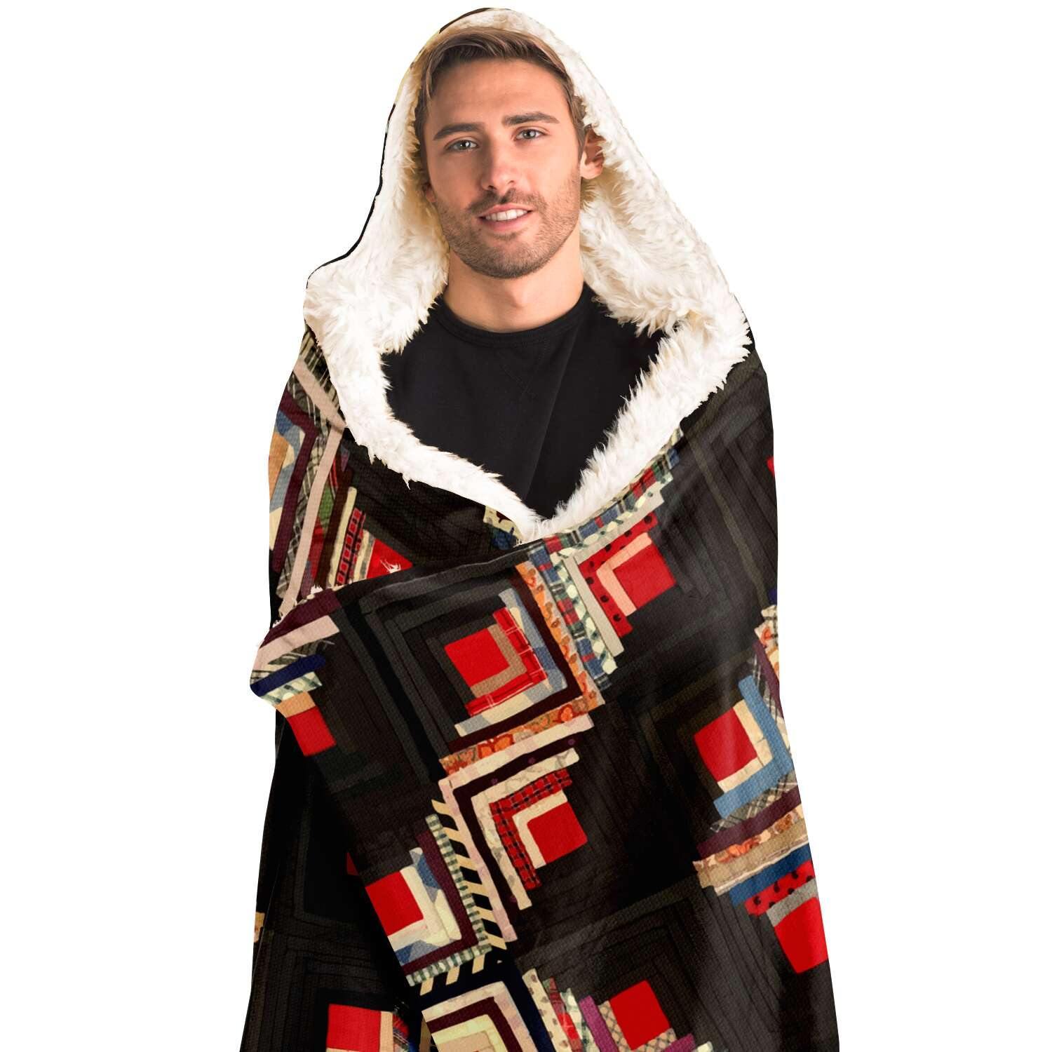 American Log-Cabin Quilt Tradi Traditional Antique Vintage Geometric Hooded Blanket