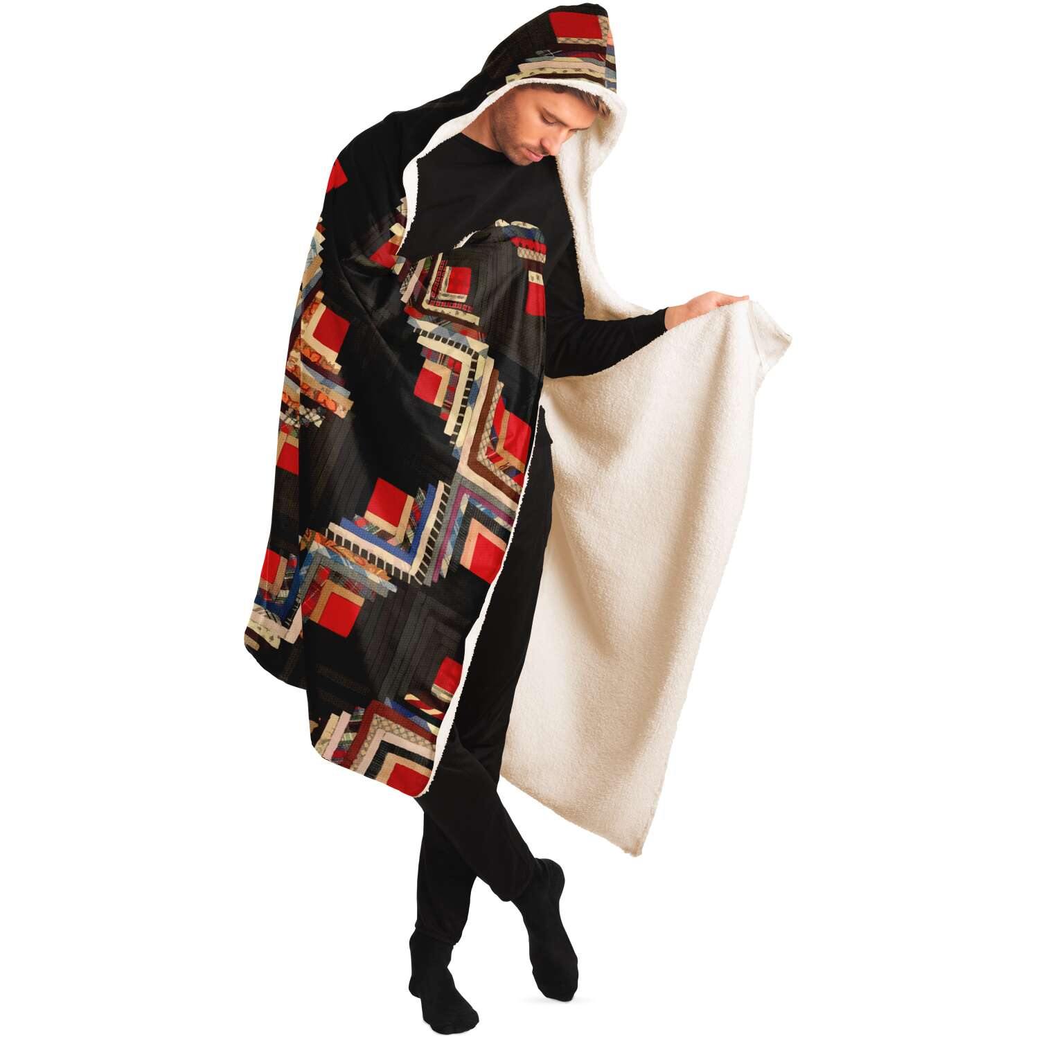 American Log-Cabin Quilt Tradi Traditional Antique Vintage Geometric Hooded Blanket