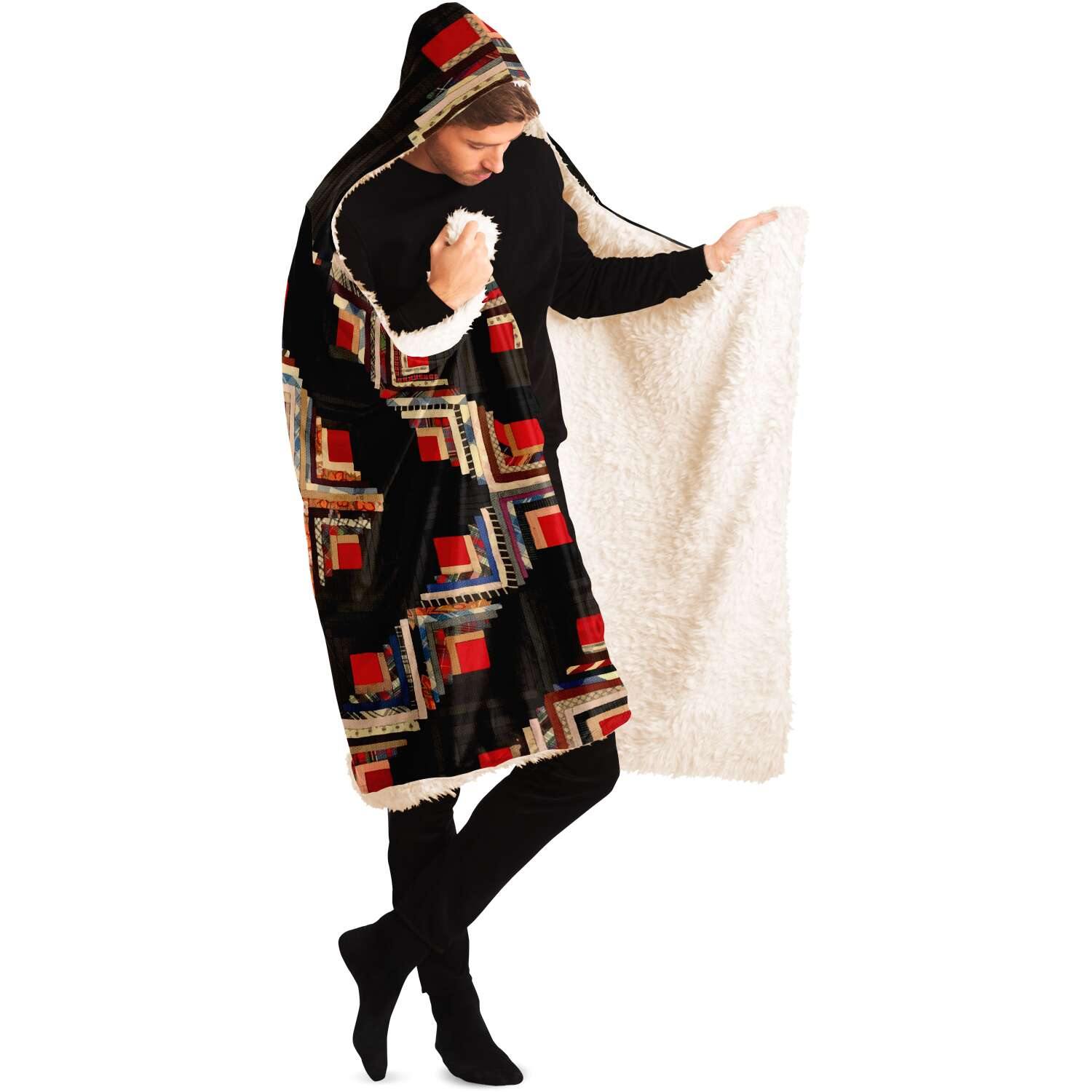 Hooded Blanket - AOP American Log-Cabin Quilt Tradi Traditional Antique Vintage Geometric Hooded Blanket