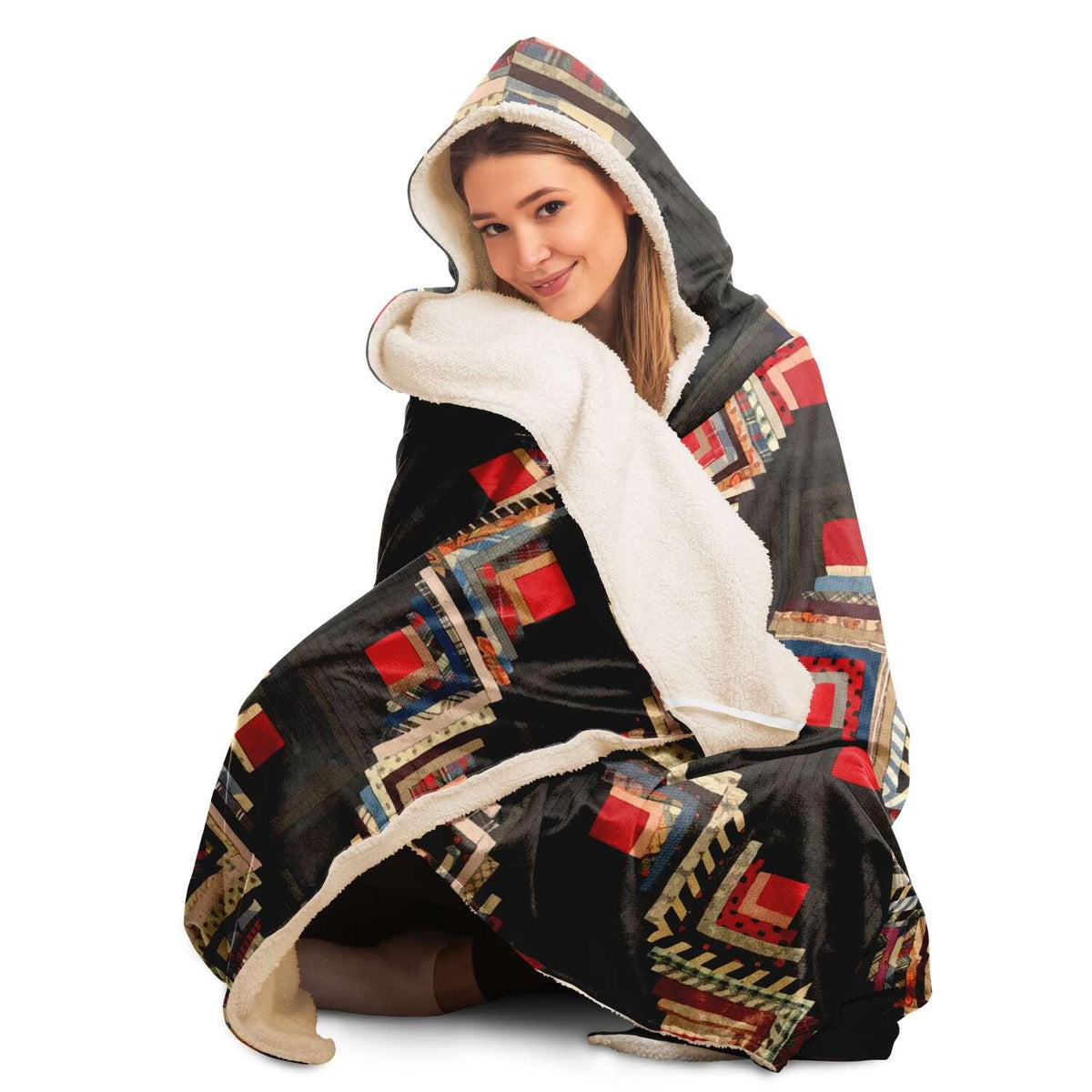 American Log-Cabin Quilt Tradi Traditional Antique Vintage Geometric Hooded Blanket