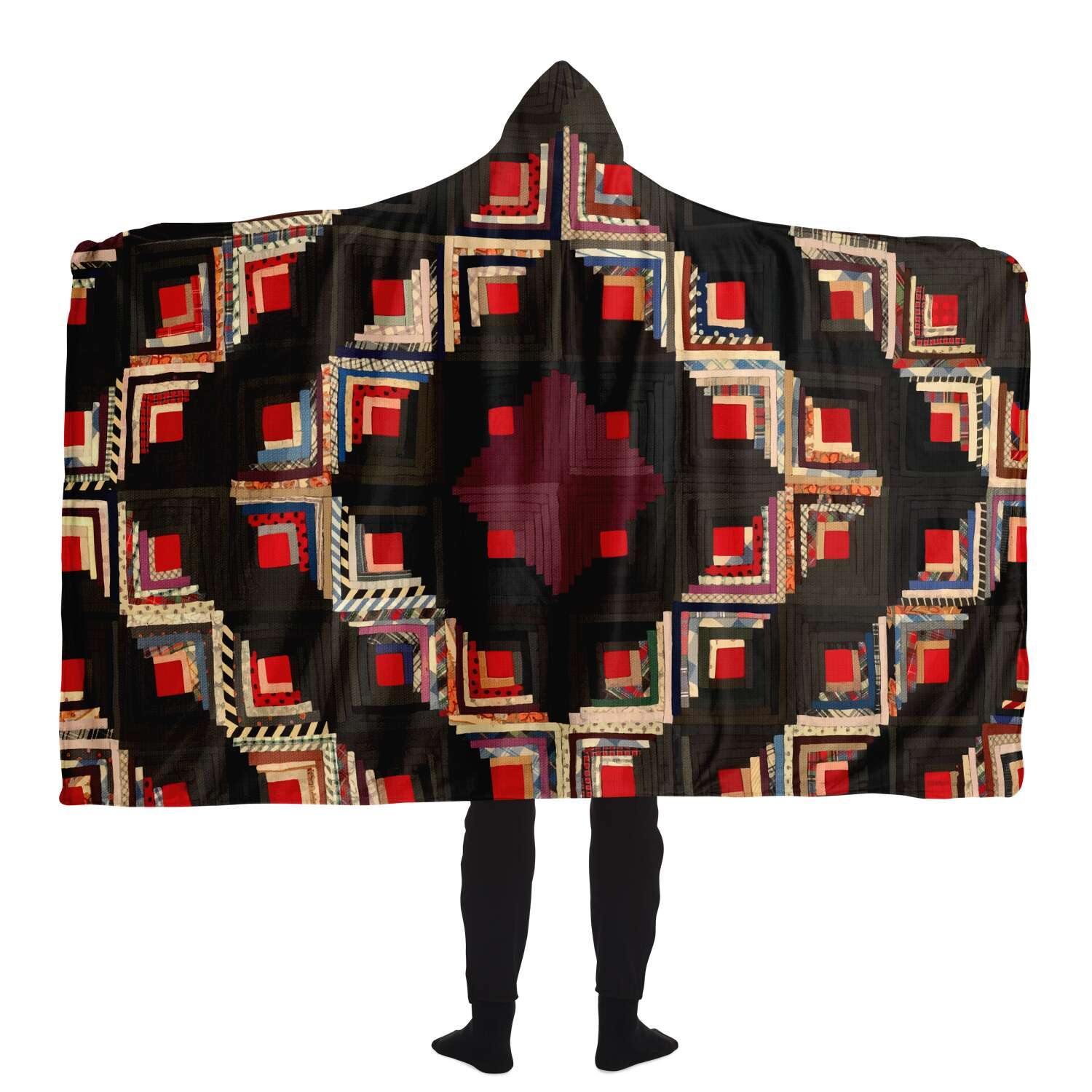 Hooded Blanket - AOP American Log-Cabin Quilt Tradi Traditional Antique Vintage Geometric Hooded Blanket