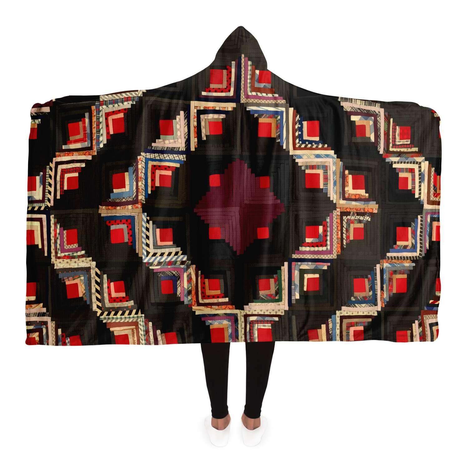 Hooded Blanket - AOP Adult / Premium Sherpa American Log-Cabin Quilt Tradi Traditional Antique Vintage Geometric Hooded Blanket