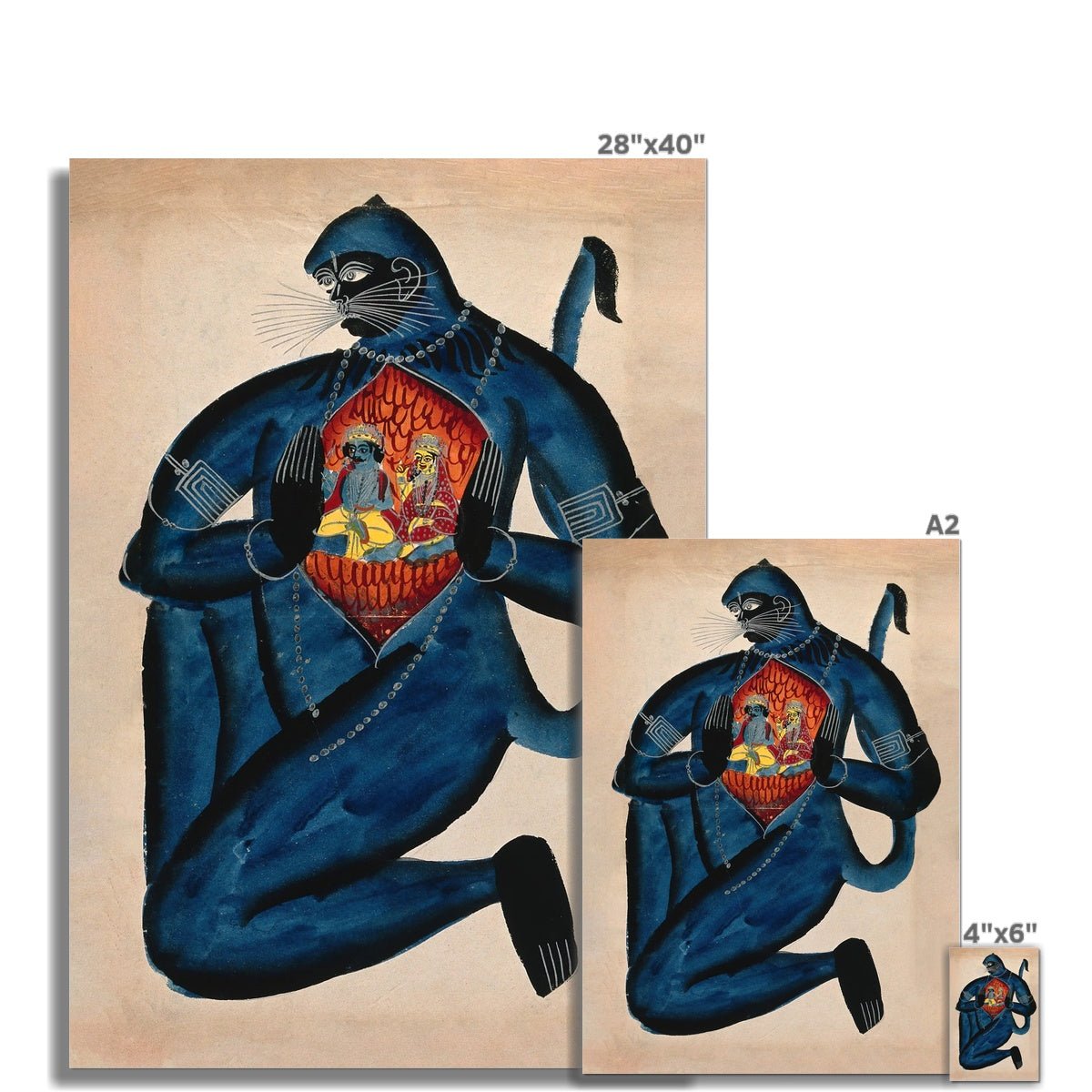 Ancient Hanuman Revealing Rama (Vishnu) and Sita in His Heart Vedic Hindu Folk Art Antique Giclée Fine Art Print