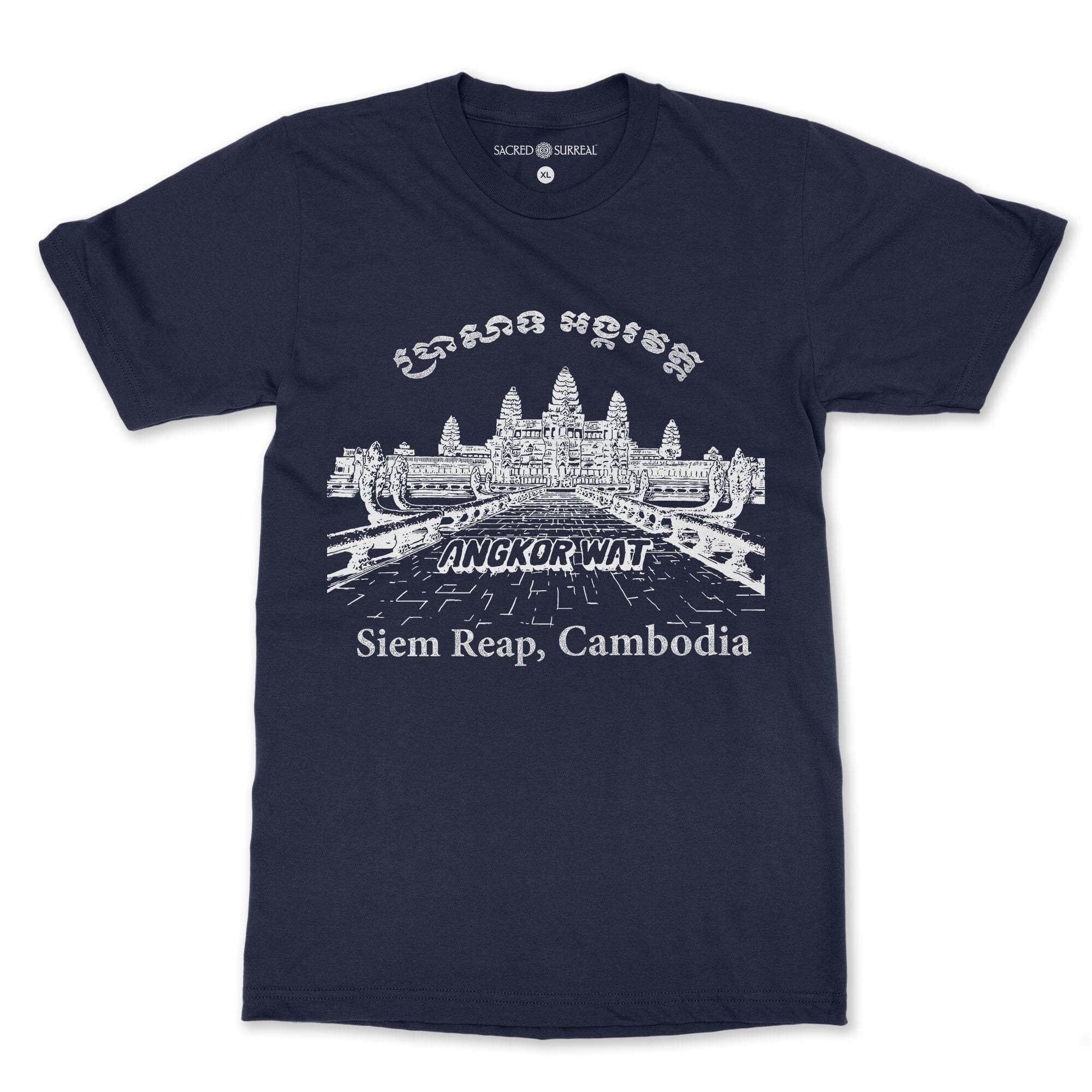 DTG T-Shirt S / Navy Angkor Wat, Siem Reap, Cambodia Vintage Buddhist Temple Sacred Cosmology Site | Khmer Hindu Vishnu T-Shirt Tee