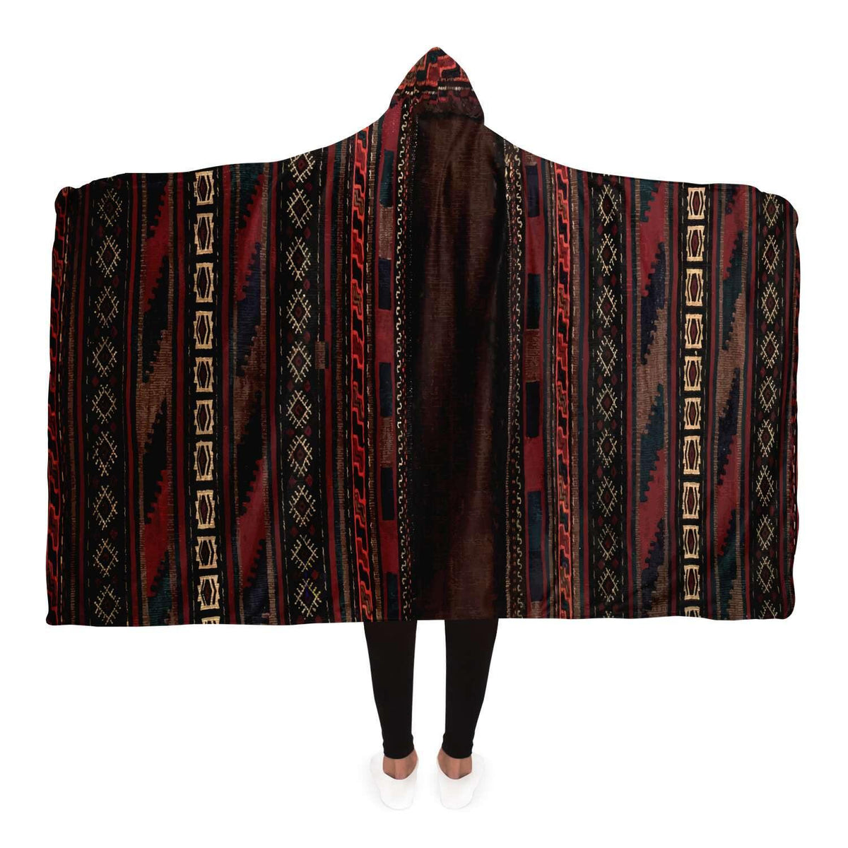 Hooded Blanket - AOP Adult / Premium Sherpa Antique Afghan Camel Bag Hooded Blanket