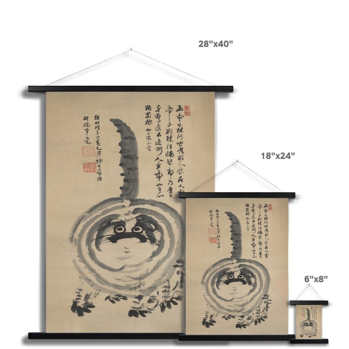 Antique "Chonk" Fat Housecat, Zen Gift Hakuin Sumi-E Japanese Kawaii Cute Pet Kitty Cat Brush Painting Fine Art Print with Hanger