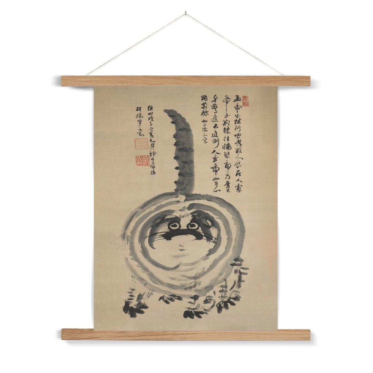 Antique "Chonk" Fat Housecat, Zen Gift Hakuin Sumi-E Japanese Kawaii Cute Pet Kitty Cat Brush Painting Fine Art Print with Hanger