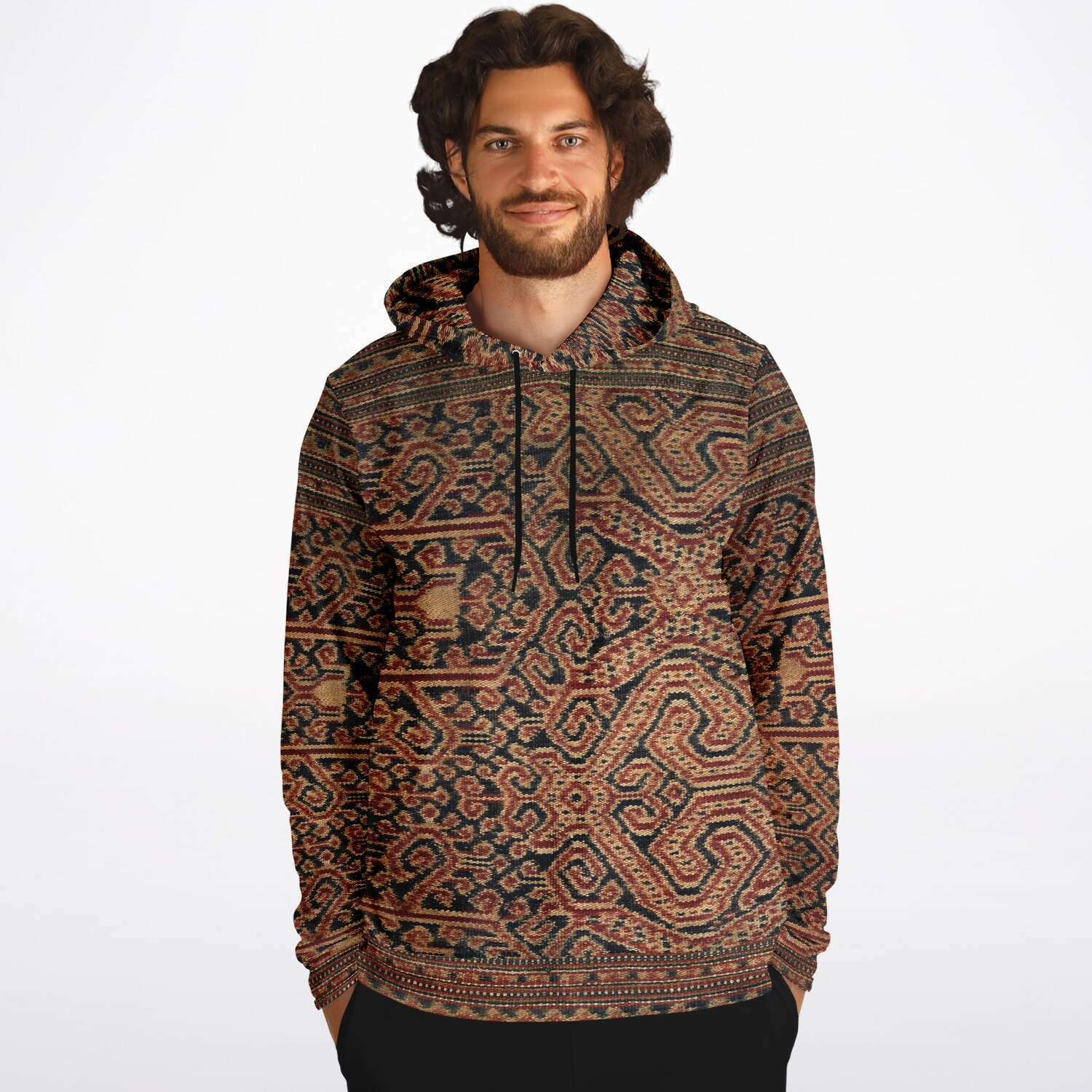 Antique Ikat-Inspired Ethnic Boho Bohemian Hippy Batik Thai Laos Indonesian Asian Textile Design Tribal Pullover Hoodie