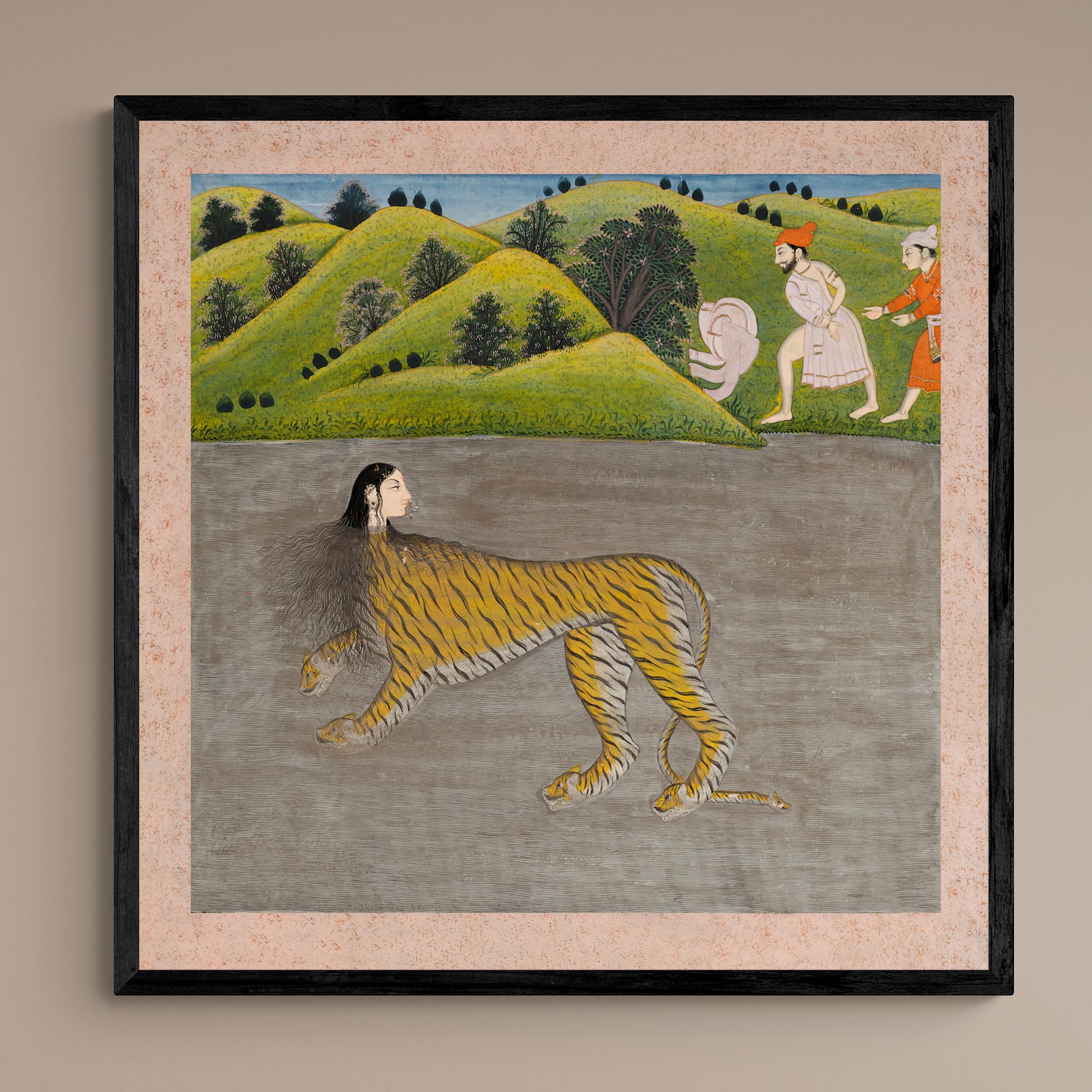 Framed Print Antique Indian Mythological Tiger Woman (Lion) | Indian Hindu Vedic Om Cat Framed Art Print