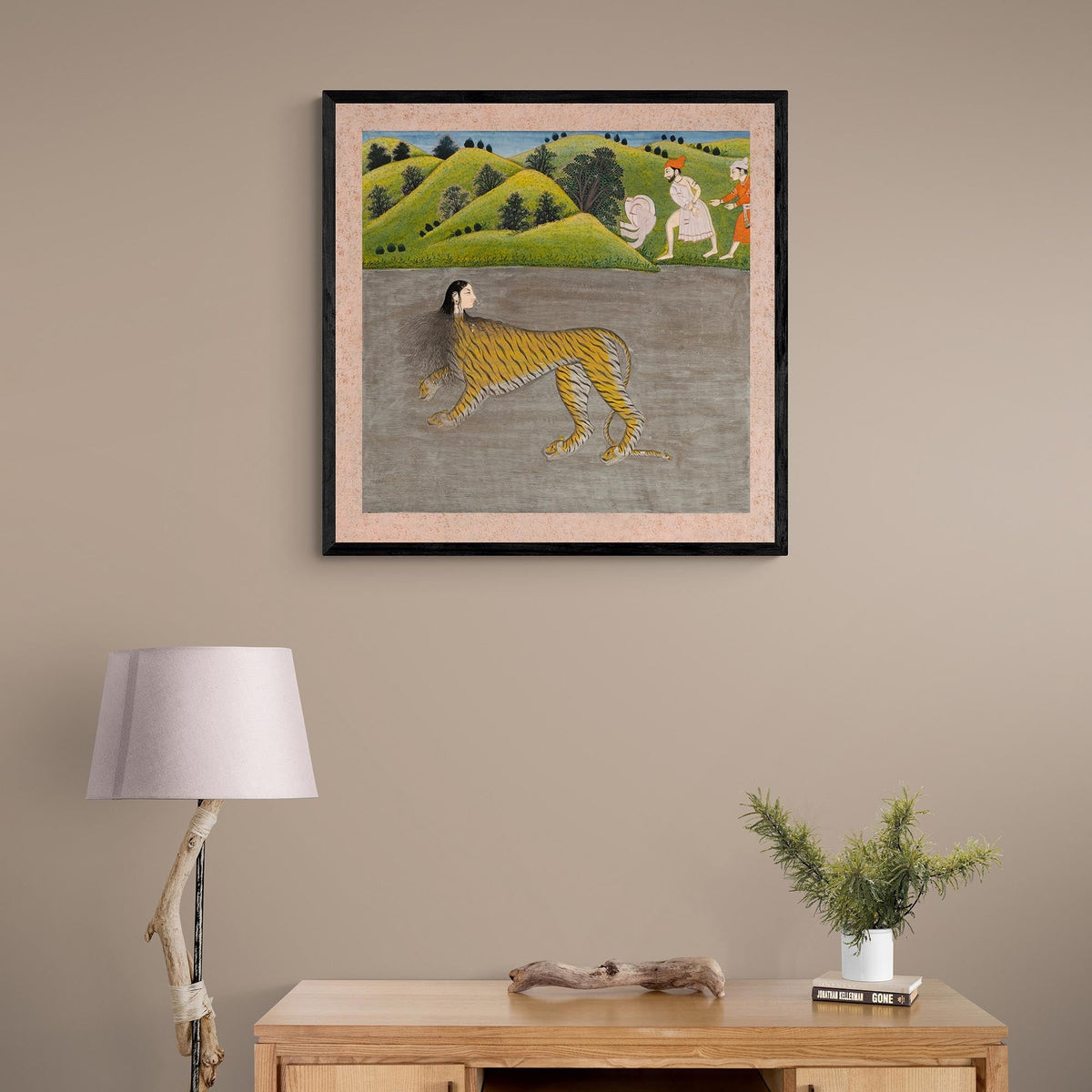 Framed Antique Indian Mythological Tiger Woman (Yali) | Indian Hindu Vedic Om Cat Gift Framed Art Print