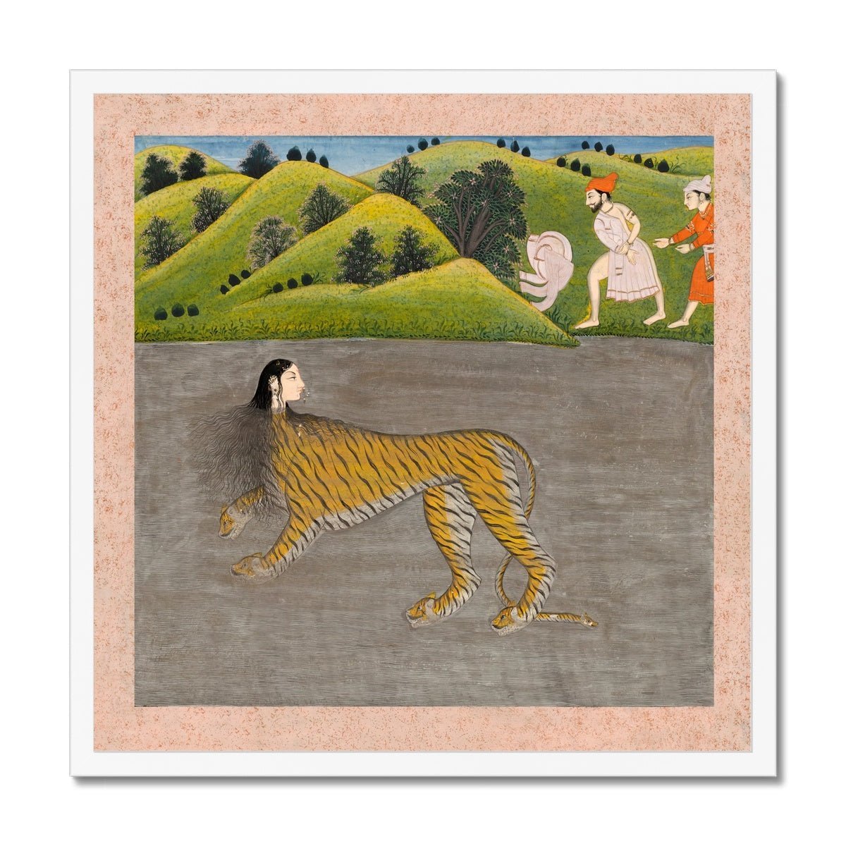 Framed Print 12"x12" / Black Frame Antique Indian Mythological Tiger Woman (Lion) | Indian Hindu Vedic Om Cat Framed Art Print