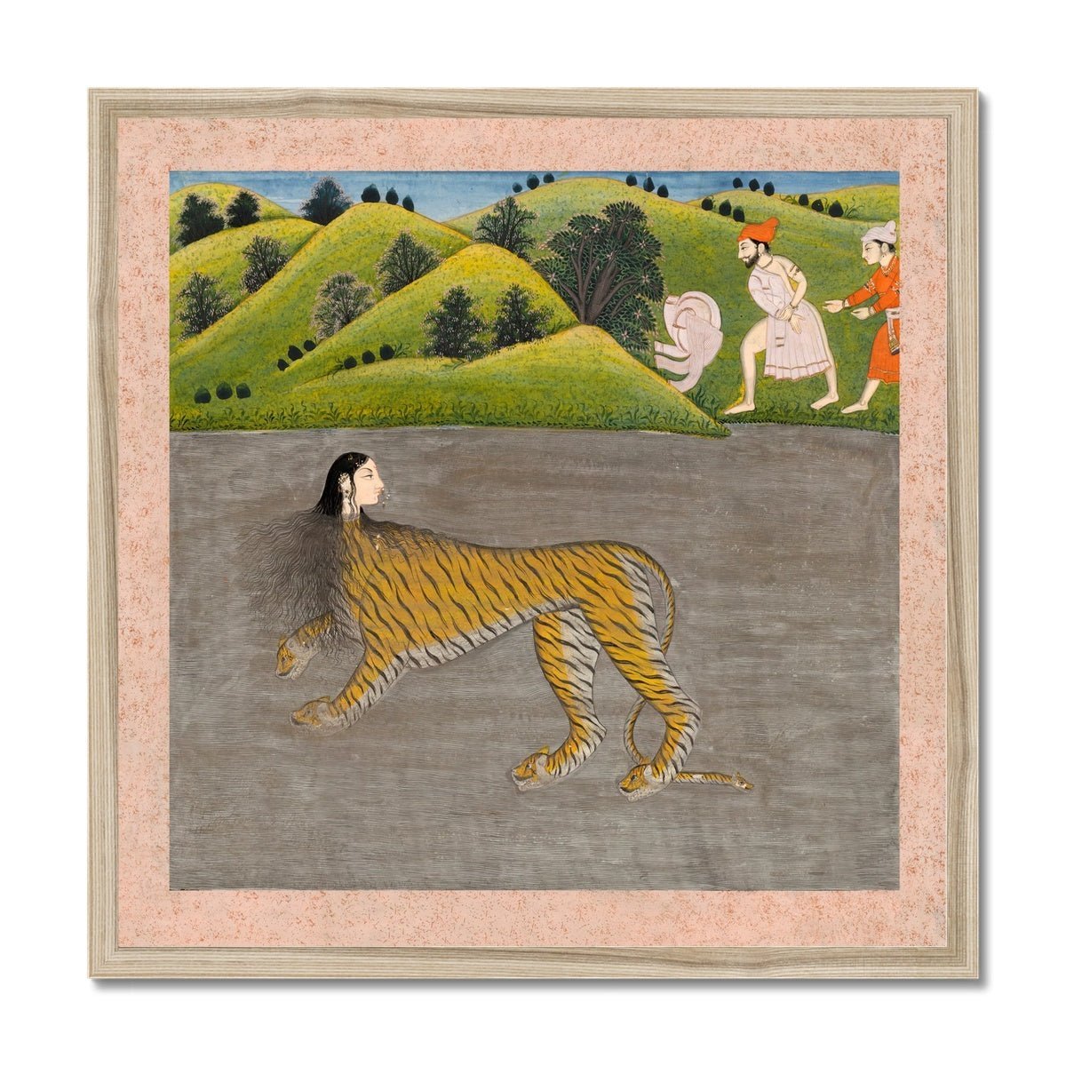 Framed Print 12"x12" / Natural Frame Antique Indian Mythological Tiger Woman (Lion) | Indian Hindu Vedic Om Cat Framed Art Print