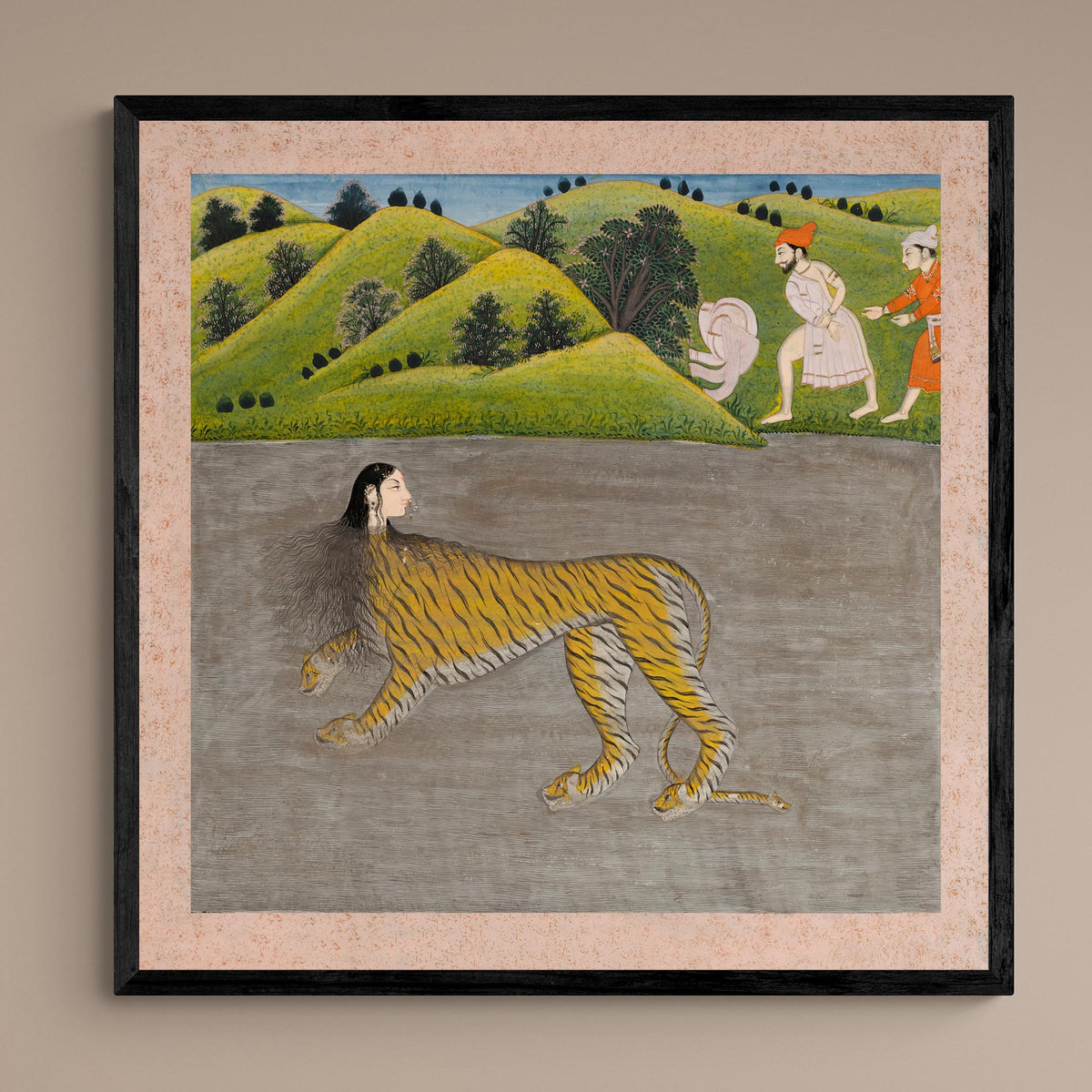 Framed Print 12&quot;x12&quot; / Black Frame Antique Indian Mythological Tiger Woman (Lion) | Indian Hindu Vedic Om Cat Framed Art Print