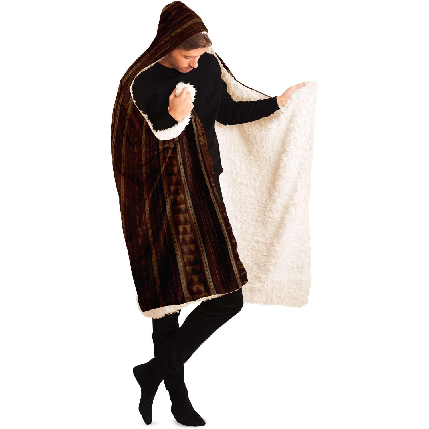 Hooded Blanket - AOP Adult / Premium Sherpa Antique Indonesian Ikat  Hooded Blanket