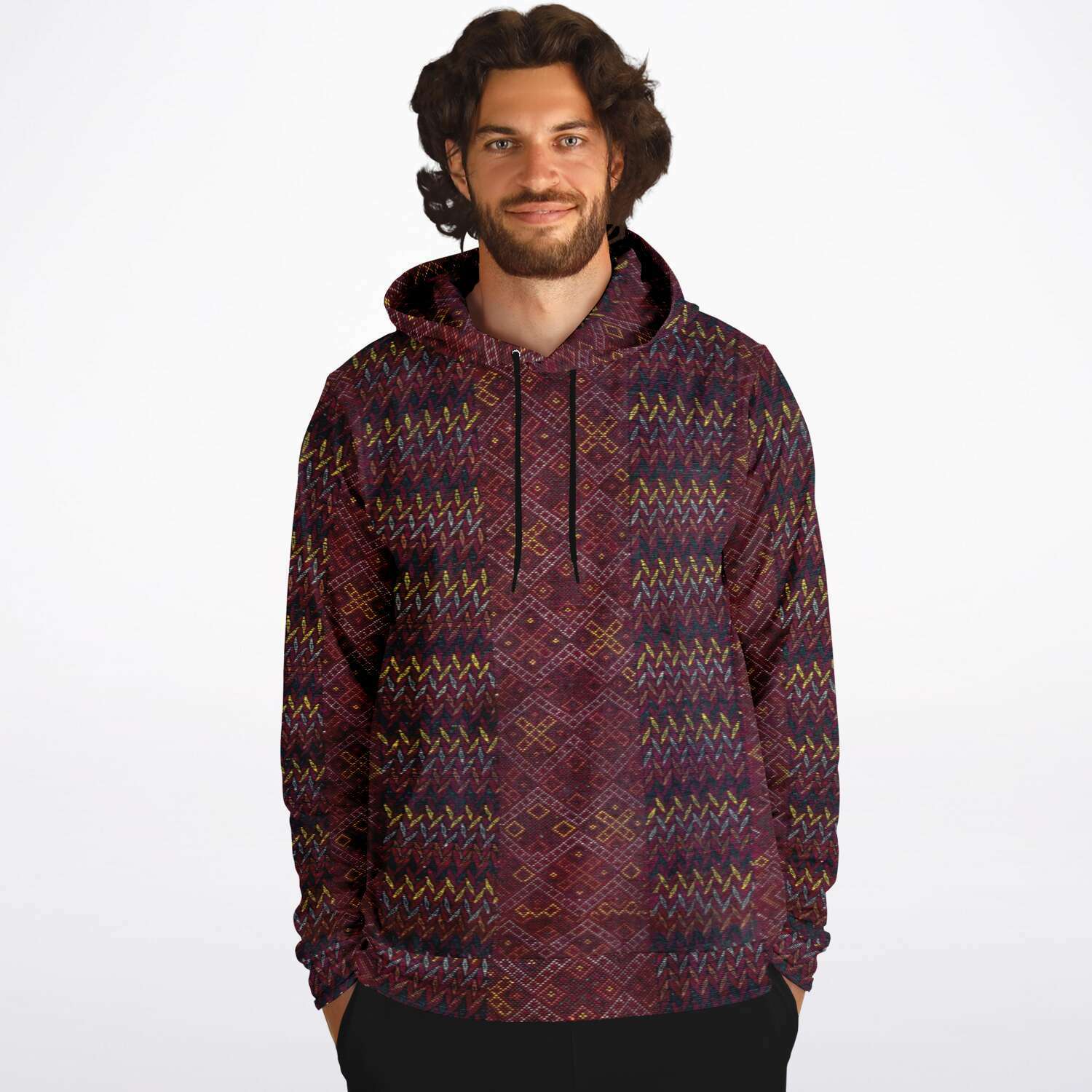 Fashion Hoodie - AOP Antique Unisex Ikat-Inspired Ethnic Boho Bohemian Hippy Batik Thai Bali Indonesia SE Asian Textile Design Tribal Pullover Hoodie