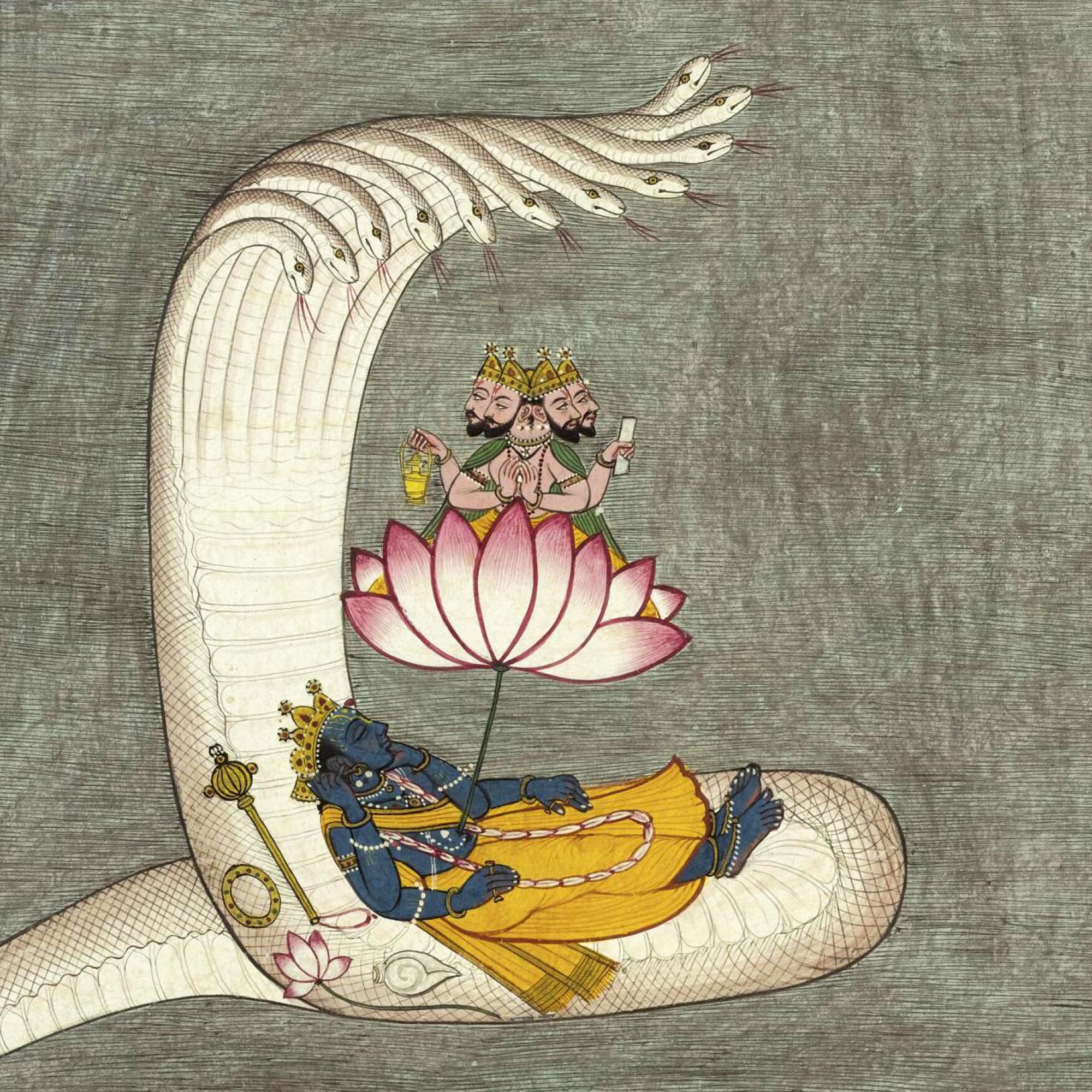 giclee A5 Landscape Antique Vishnu, Brahma, Naga, Cosmic Universe Creation Hindu Yoga Yogic Vedic Cosmology Lotus Serpent Fine Art Print