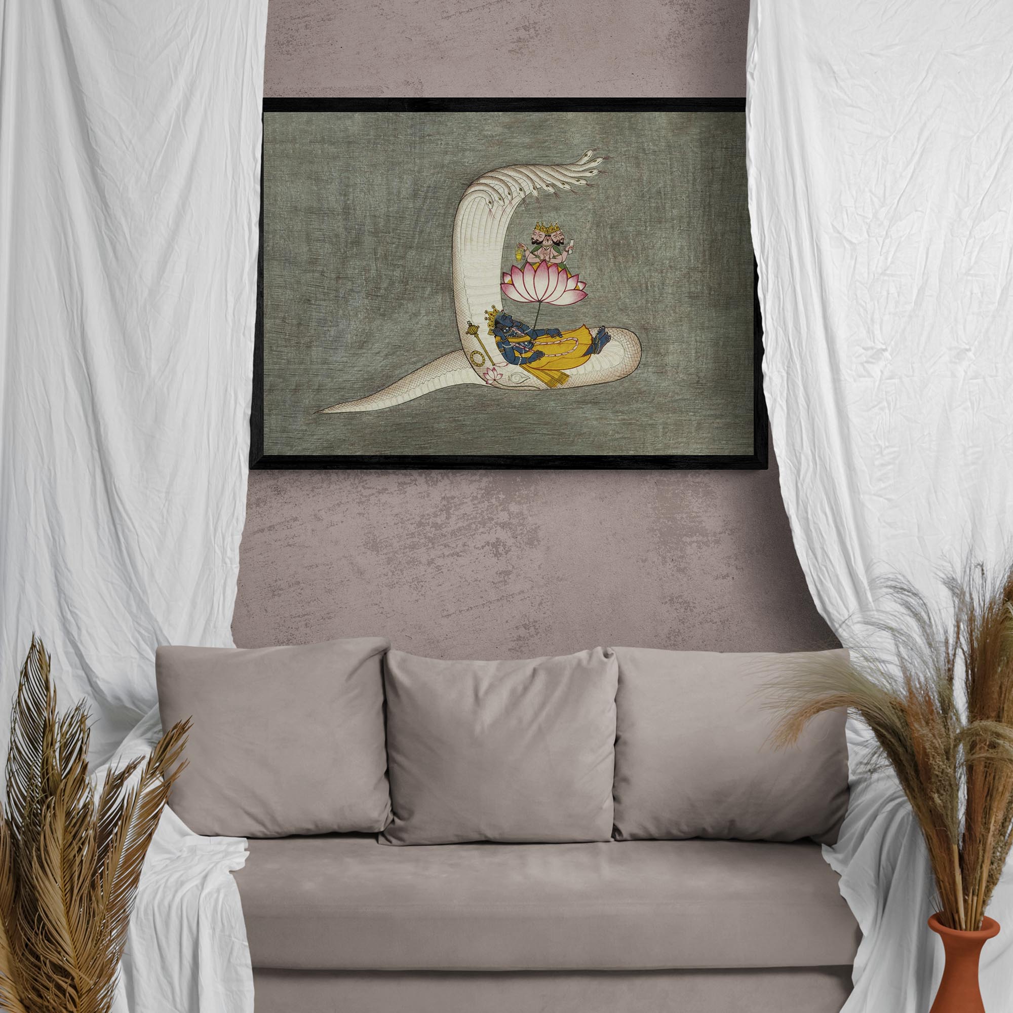 Antique Vishnu, Brahma, Naga, Cosmic Universe Creation Hindu Yoga Yogic Vedic Cosmology Lotus Serpent Fine Art Print