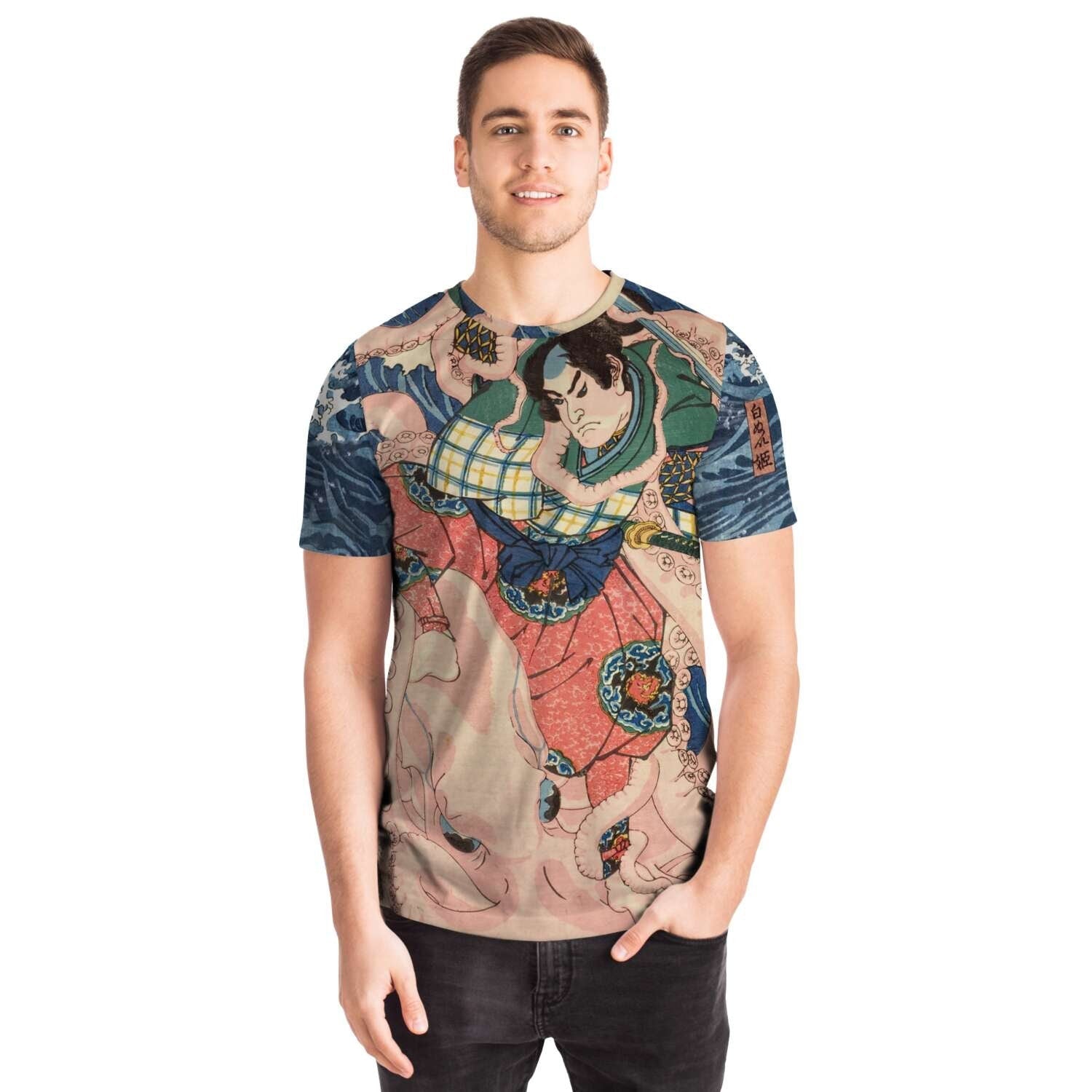 Ario-Maru Fighting a Giant Octopus with a Sword on the Seashore | Utagawa Kuniyoshi Japanese Vintage Woodblock Ukiyo-e Samurai T-Shirt Tee